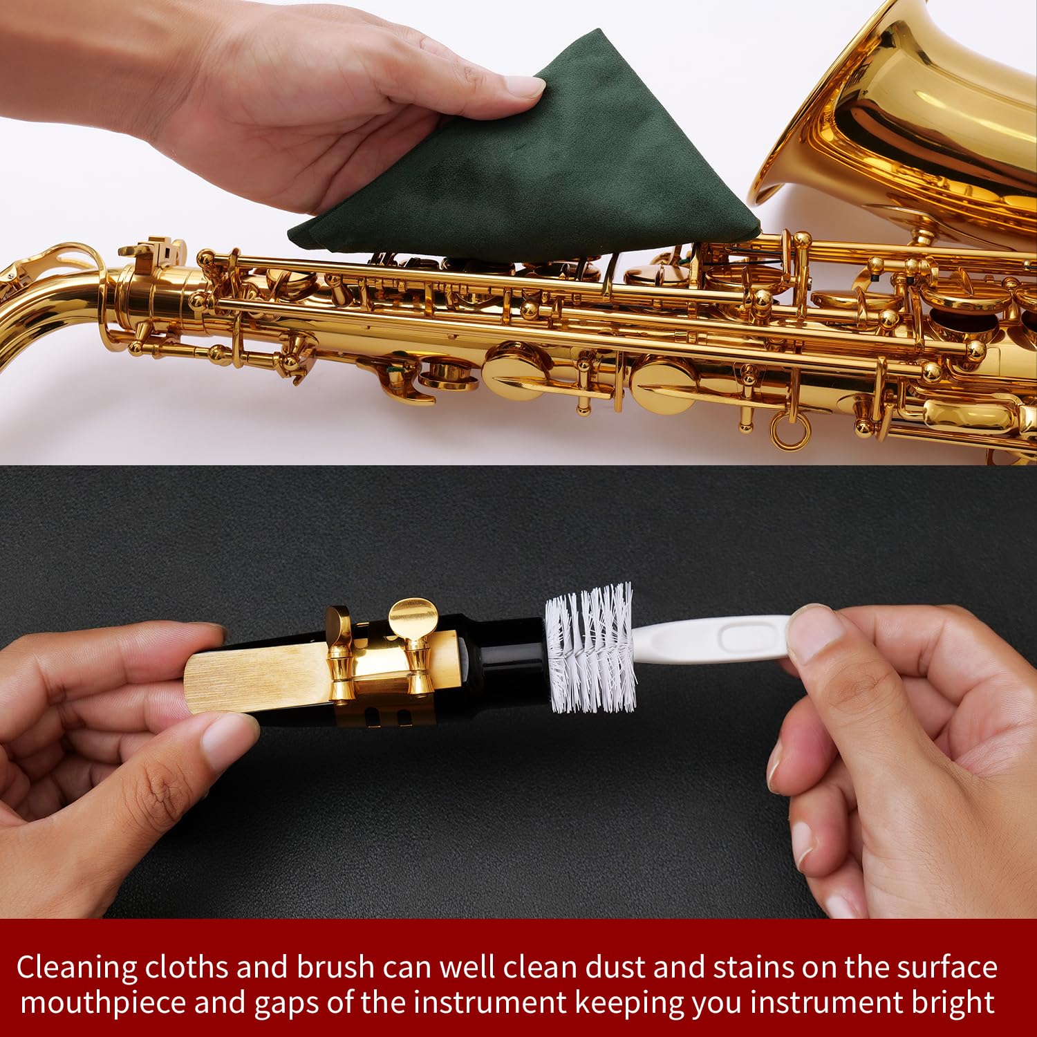 Saxophone Cleaning Care Kit: Mouthpiece&Dust Brush, Cleaning Cloth,Swabs,Necking Swab,Finger Rest,Cork Grease, Key Oil,Mouthpiece Pad – Sax Cleaning Kit for Professional players, Students - Image 4