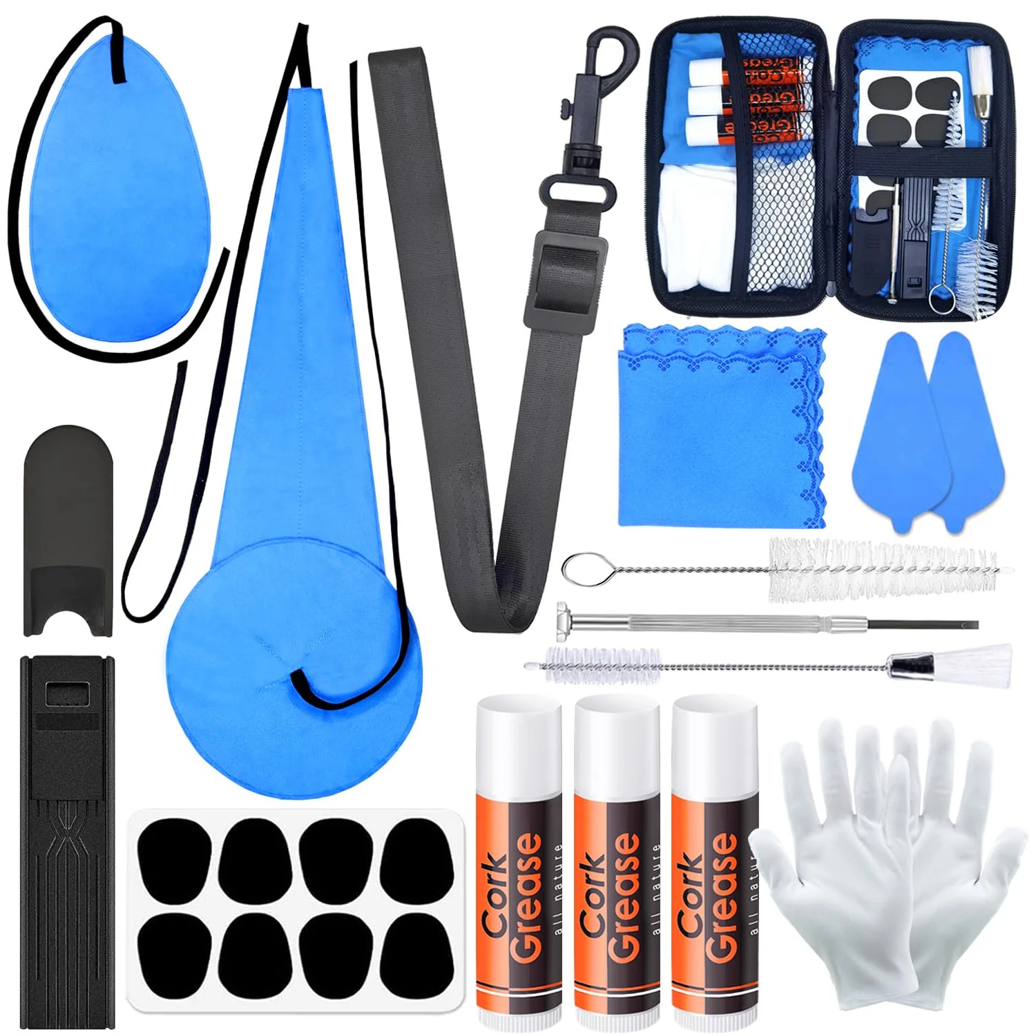 Saxophone Cleaning kit with Case，Clarinet Flute Cleanser Maintenance Kit with Cork Grease,Swab,Cleaning Cloth,Thumb Rest,Reed Case,Mouthpiece Brush and More Workable for Wind & Woodwind Struments