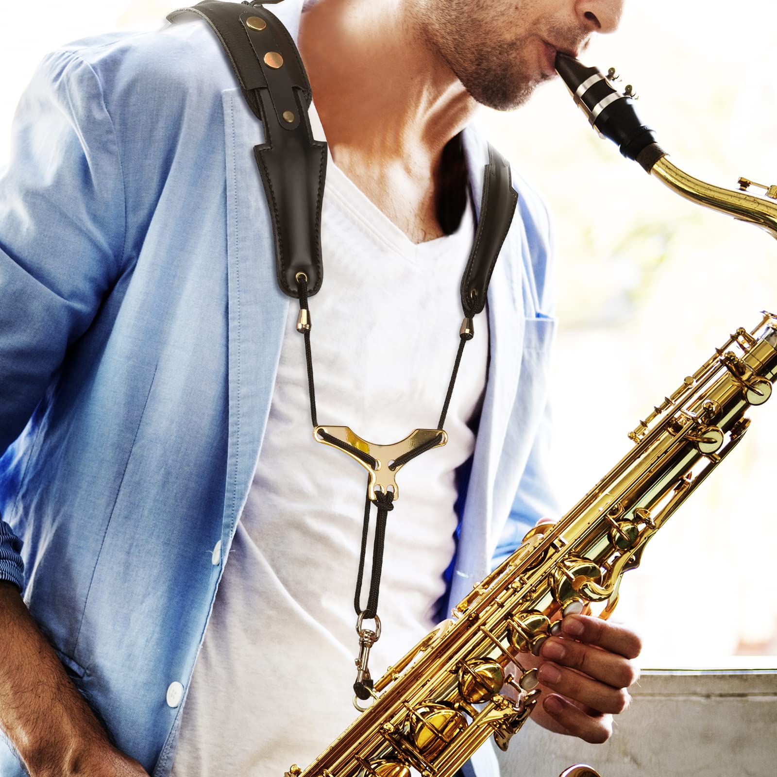 Saxophone Shoulder Strap, Double Shoulder Leather Adjustable Sax Strap with Metal Beam & Sturdy Adjuster, Reduce Neck Stress, Good Comfort, for Alto/Tenor/Baritone/Soprano Saxophone - Image 2