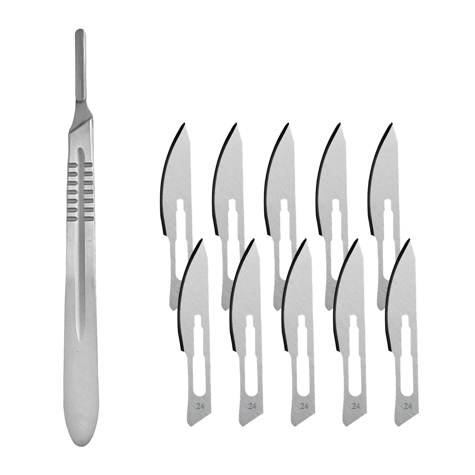 Scalpel Blades, Scalpel Foot Care, Scalpel Blades, Scalpel Holder No. 4 Rustproof, Pack of 10 Scalpel Blades Made of Carbon Steel - Replacement Blades Individually Sterile Packed + Scalpel Holder - No. 24, Silvery