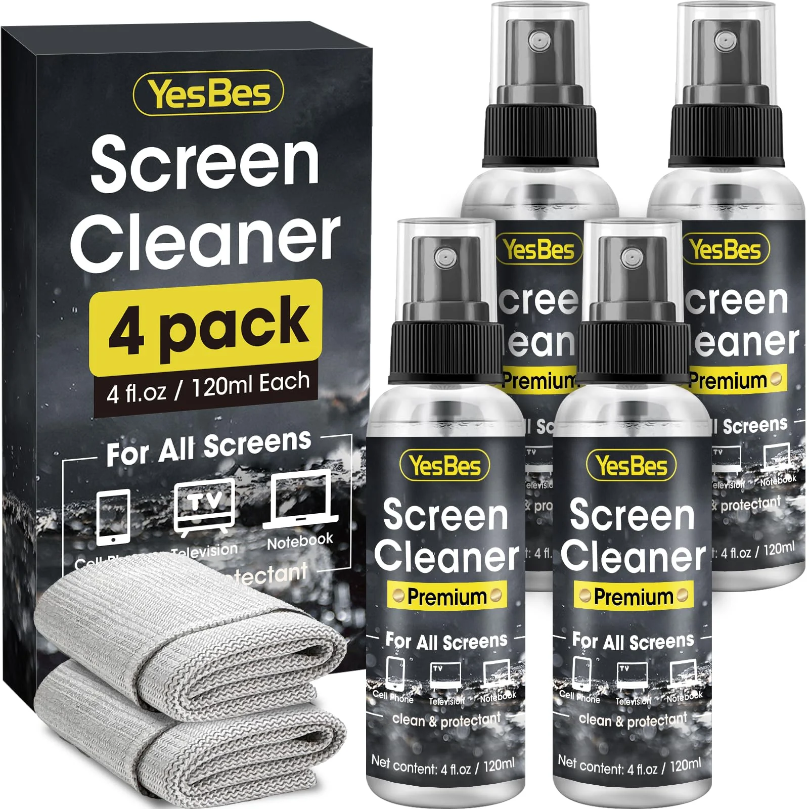 Screen Cleaner Spray 16oz (4oz x 4 Pack) - TV Screen Cleaner Spray and 2 Microfiber Cloths, Computer Screen Cleaner & Car Screen Cleaner for TV, Monitor, Laptop, MacBook, iPad and Electronic Devices