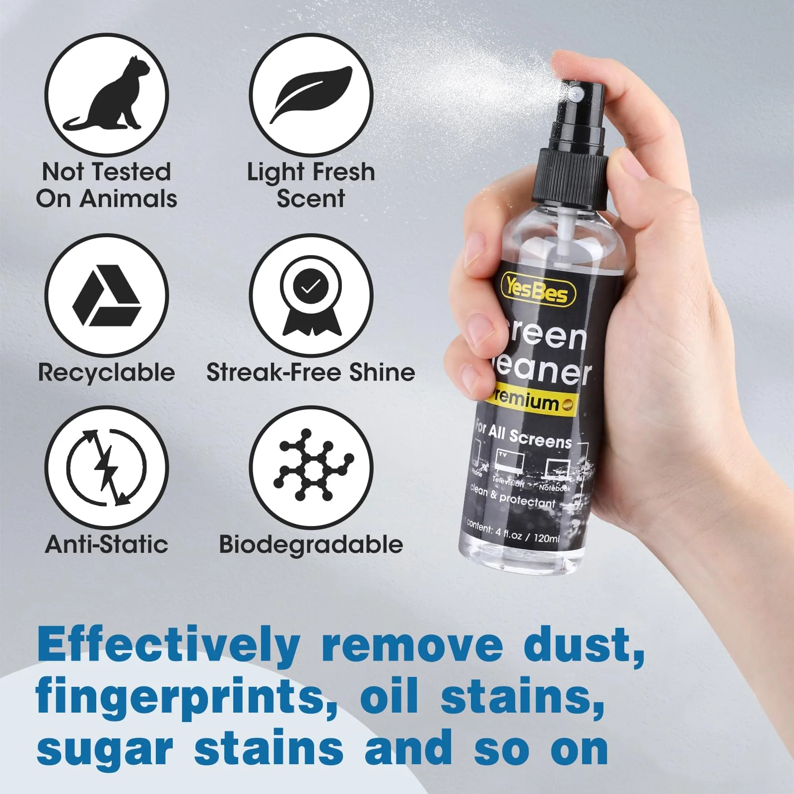 Screen Cleaner Spray 16oz (4oz x 4 Pack) - TV Screen Cleaner Spray and 2 Microfiber Cloths, Computer Screen Cleaner & Car Screen Cleaner for TV, Monitor, Laptop, MacBook, iPad and Electronic Devices - Image 5