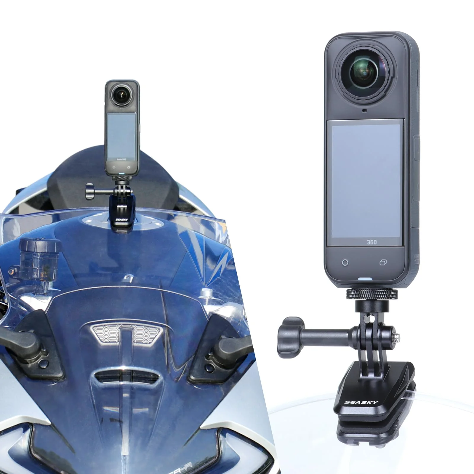 SEASKY M01 Motorcycle Motorbike Windscreen Clamp Mount Accessories for Gopro Hero 13 12 11 10 9 8 7 DJI Action 6 5 4 3 for insta360 X5 X4 X3 X2 X RS Sports Action Camera Aluminum Alloy