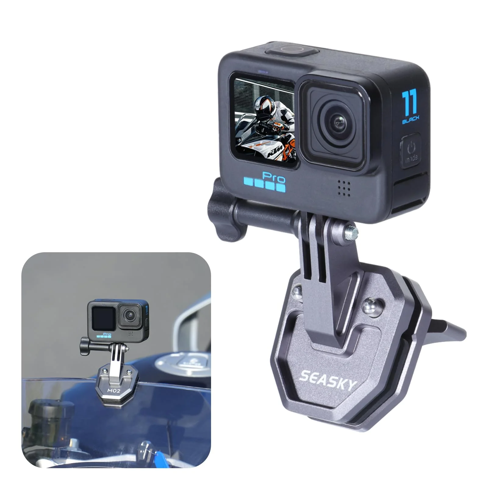 SEASKY M02 Motorbike Motorcycle Windscreen Clamp Mount Accessories All Aluminum CNC for Gopro Hero 13 12 11 10 9 8 7 for DJI Action 6 5 4 3 2 for insta360 Ace Pro 2 Sports Action Camera