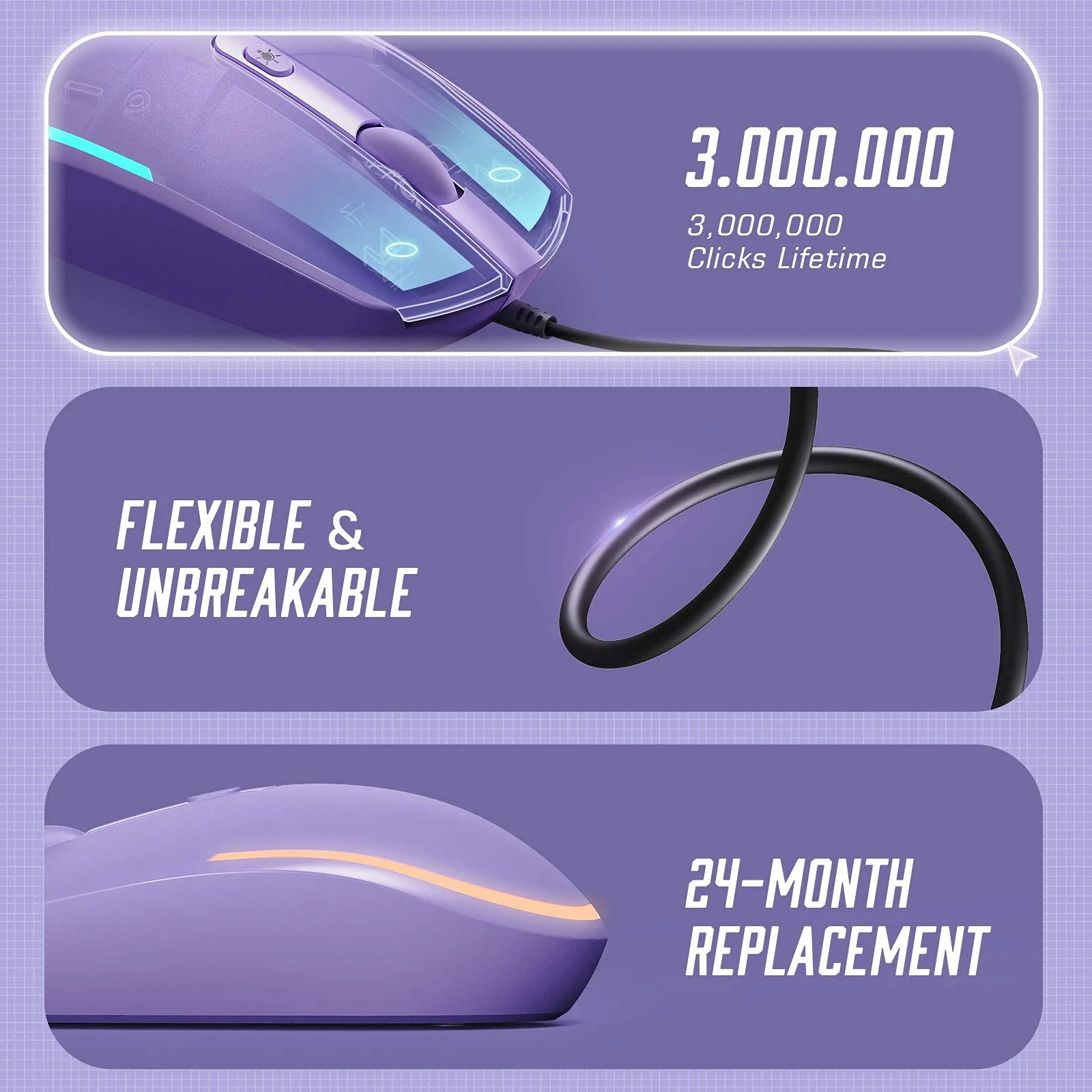 seenda Wired Mouse - USB Computer Mouse Wired with RGB Backlit Optical LED Mouse with Attached USB Cord for Laptops Notebooks Chromebook - Purple - Image 4