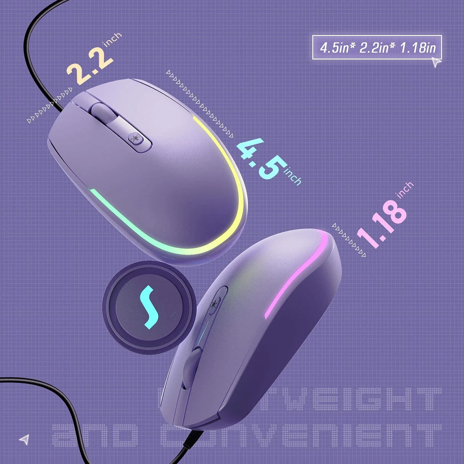 seenda Wired Mouse - USB Computer Mouse Wired with RGB Backlit Optical LED Mouse with Attached USB Cord for Laptops Notebooks Chromebook - Purple - Image 5