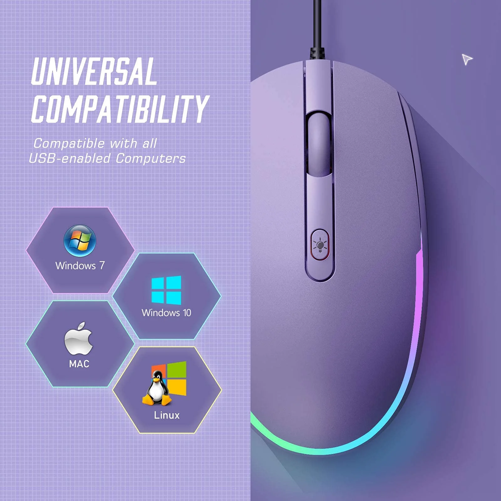 seenda Wired Mouse - USB Computer Mouse Wired with RGB Backlit Optical LED Mouse with Attached USB Cord for Laptops Notebooks Chromebook - Purple - Image 6
