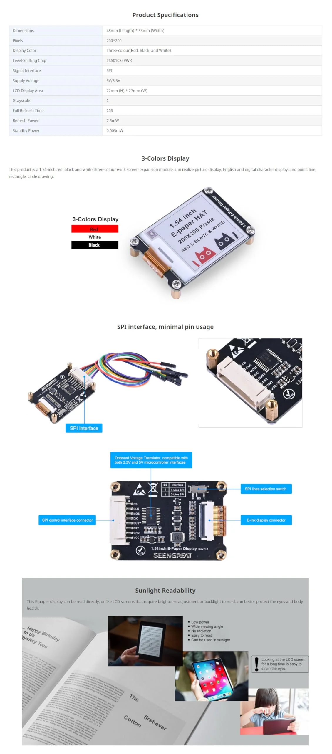 SeenGreat 1.54 Inch E-Ink Display Three Colour E-Paper Screen for Raspberry Pi/Arduino/Jetson Nano/STM32 200 x 200 Pixels Red Black White SPI Interface - Image 5
