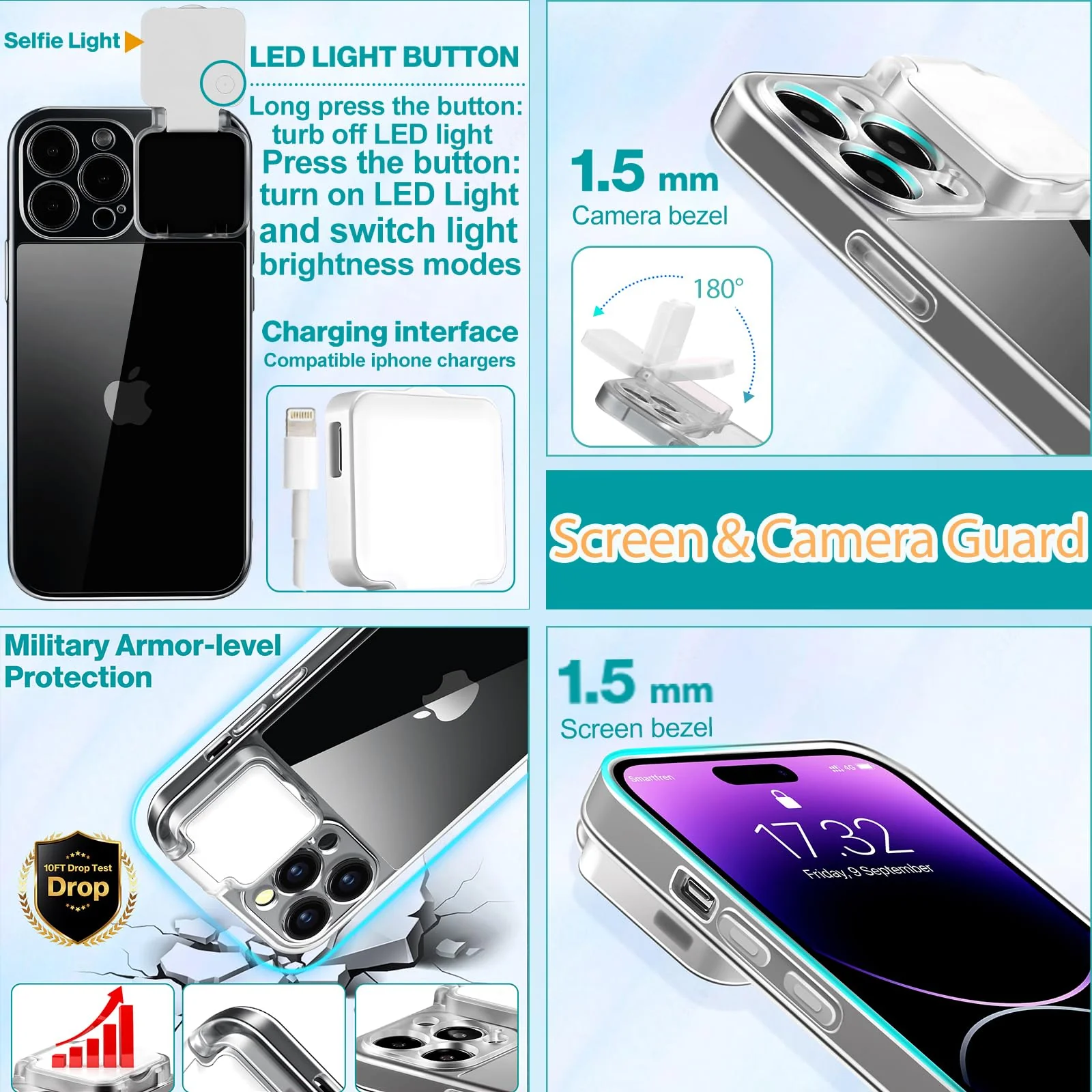 Selfie Light for iPhone 12 Pro Max Case with LED Built-in Light-Up Fill Light Rechargeable for TIK Tok/Stream/Makeup/Live/Video- Selfie (2 Models, 3 Level Brightness) Crystal Clear - Image 5