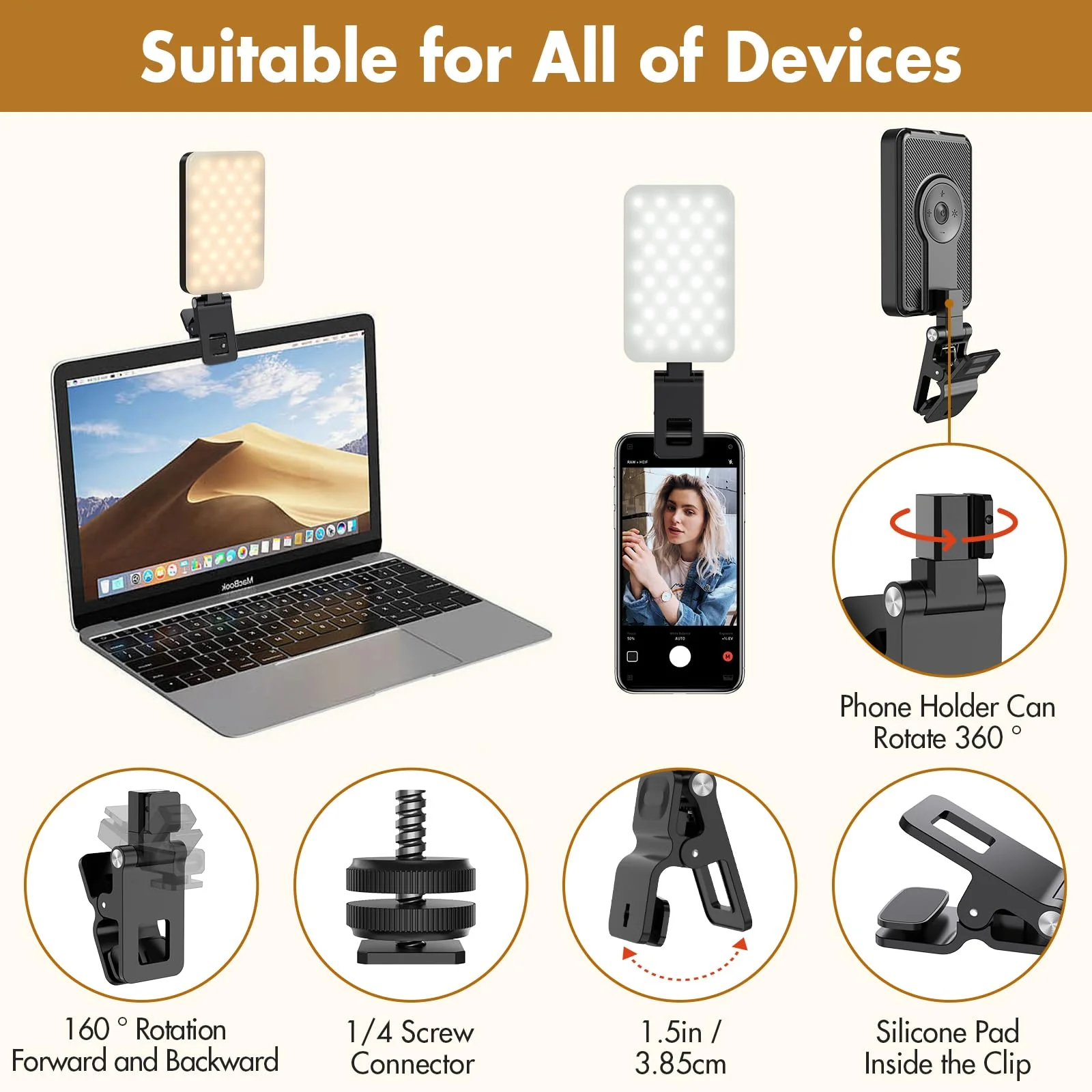 Selfie Light, Long Time Rechargeable Clip Video Light, Upgraded Cell Phone Light, Adjusted 5 Light Modes, Portable LED Light, Selfie Light for Phone, Camera, Laptop, iPad, TikTok, Video Vlog - Image 4