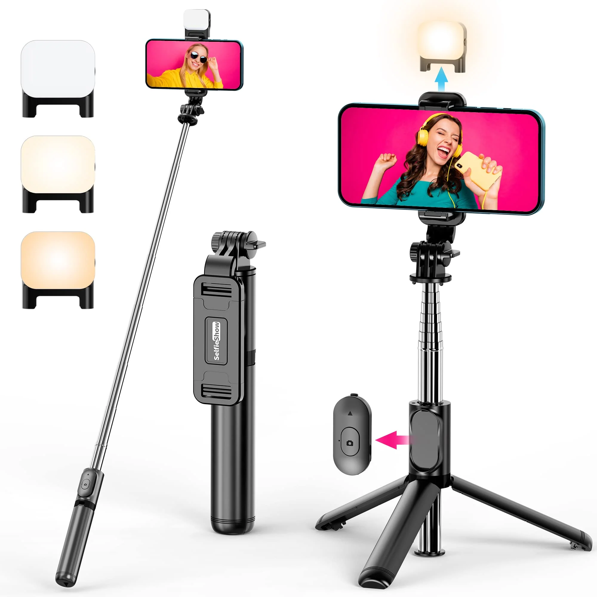 Selfie Stick Tripod with Fill Light, All in One Extendable Selfie Stick with Detachable Wireless Remote, Flexible Phone Tripod Stand Compatible with iPhone/Galaxy, Compact Size & Lightweight Black & With Light