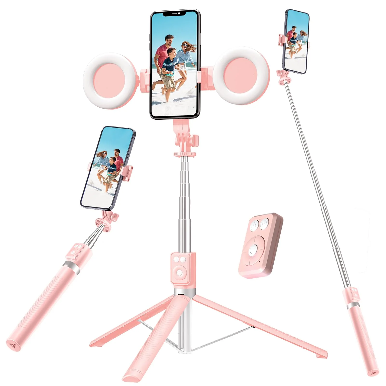Selfie Stick Tripod with Fill Light, Phone Selfie Stick ，Durable Stainless Steel Design, Bluetooth Remote Control, and Stable Three-Legged Support for Live Broadcasts, Video Shooting (Pink) Pink
