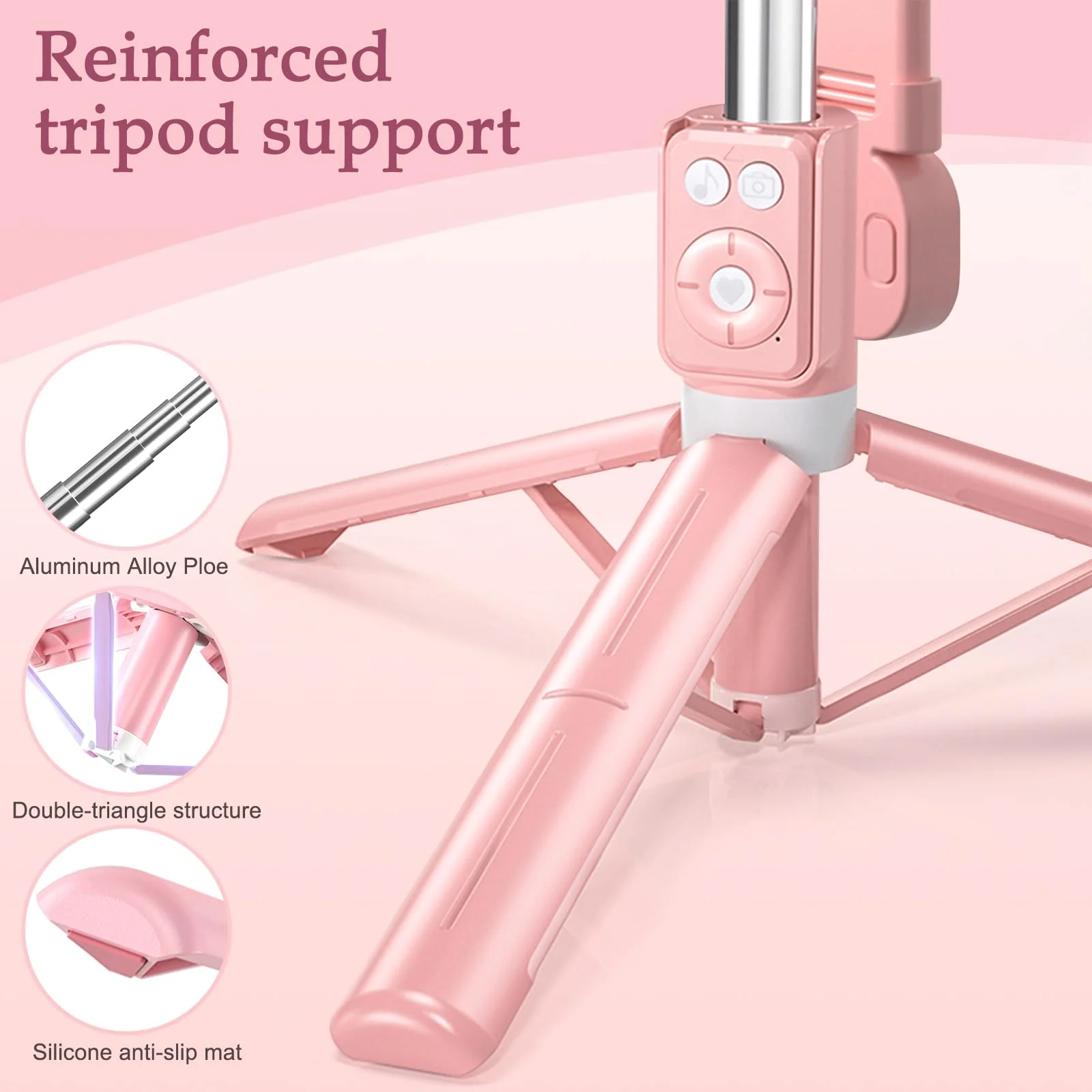 Selfie Stick Tripod with Fill Light, Phone Selfie Stick ，Durable Stainless Steel Design, Bluetooth Remote Control, and Stable Three-Legged Support for Live Broadcasts, Video Shooting (Pink) Pink - Image 4