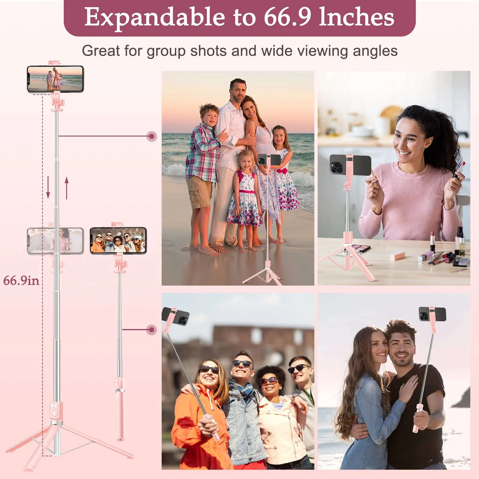 Selfie Stick Tripod with Fill Light, Phone Selfie Stick ，Durable Stainless Steel Design, Bluetooth Remote Control, and Stable Three-Legged Support for Live Broadcasts, Video Shooting (Pink) Pink - Image 6