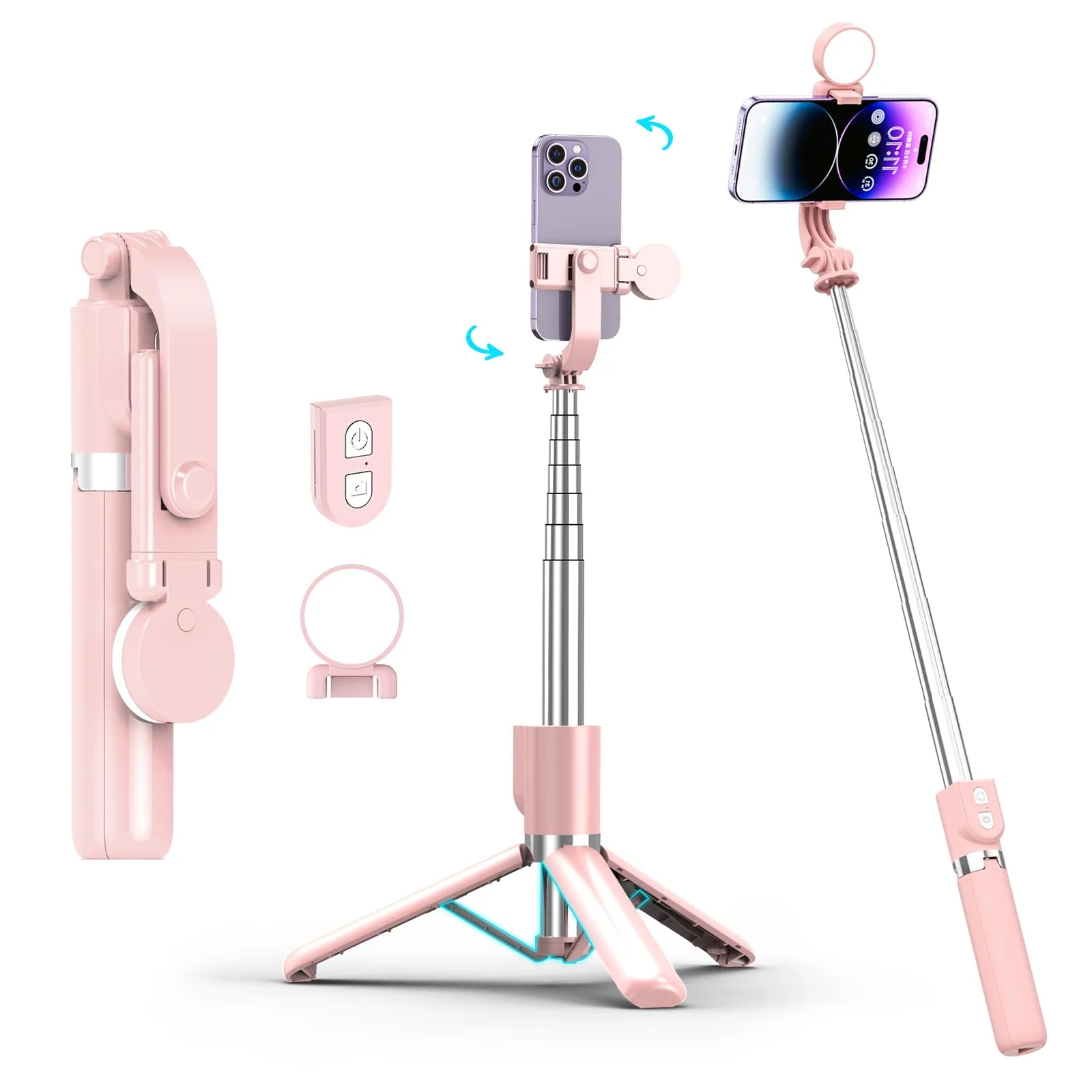 Selfie Stick with Rechargable Remote and Light, Tripod for iPhone, Cell Phone Stand for Video Recording, Portable Travel Essentials Smartphone Mount Holder, Extendable Vlogging Filming Accessories Pink