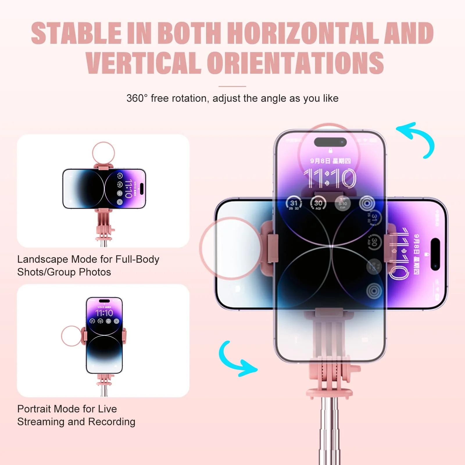 Selfie Stick with Rechargable Remote and Light, Tripod for iPhone, Cell Phone Stand for Video Recording, Portable Travel Essentials Smartphone Mount Holder, Extendable Vlogging Filming Accessories Pink - Image 3
