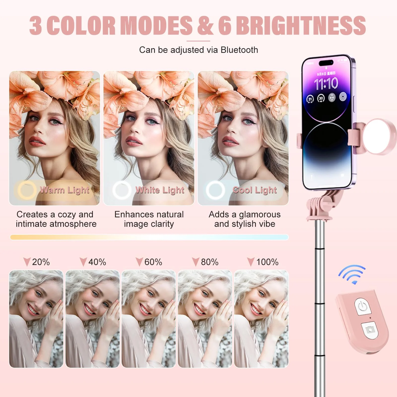 Selfie Stick with Rechargable Remote and Light, Tripod for iPhone, Cell Phone Stand for Video Recording, Portable Travel Essentials Smartphone Mount Holder, Extendable Vlogging Filming Accessories Pink - Image 5