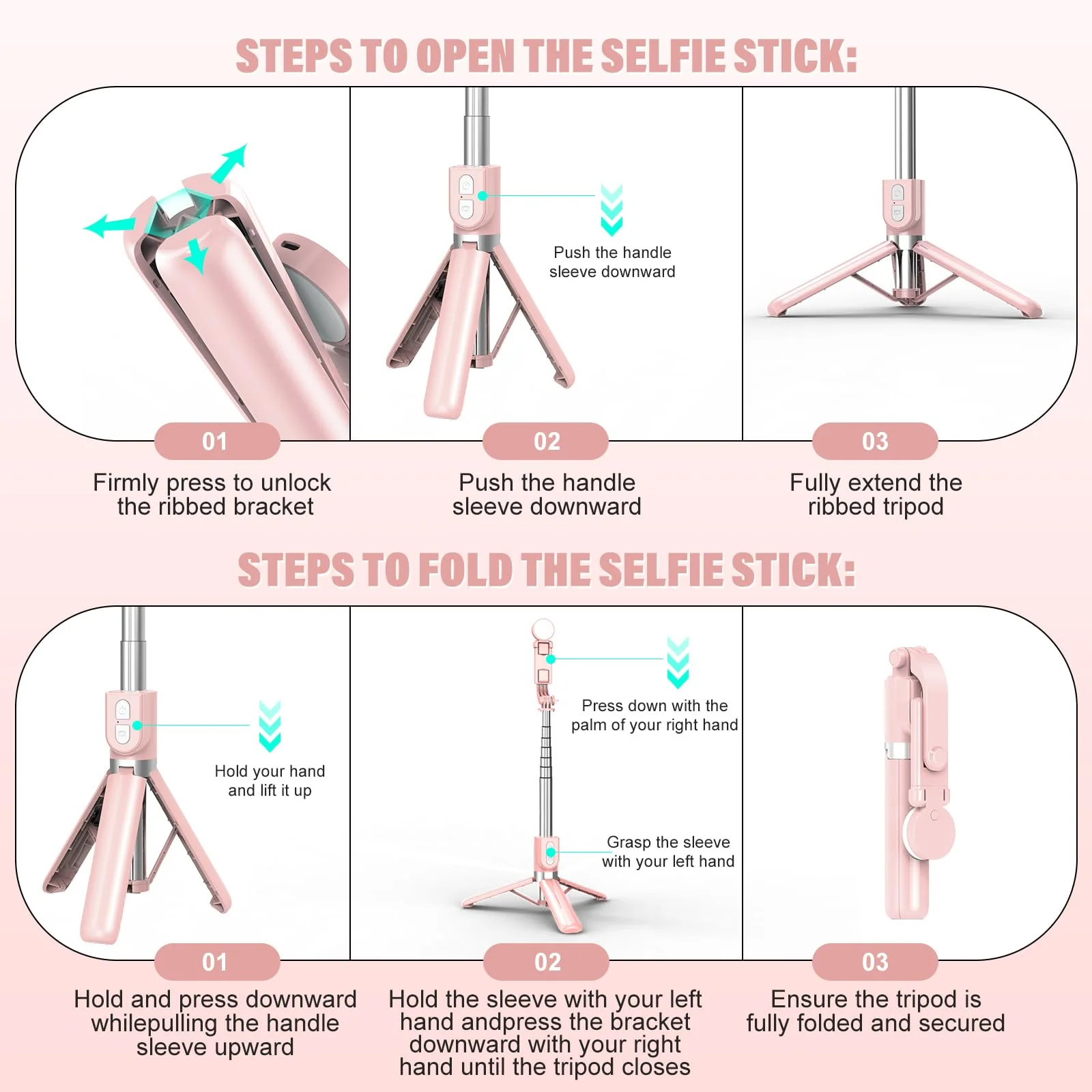 Selfie Stick with Rechargable Remote and Light, Tripod for iPhone, Cell Phone Stand for Video Recording, Portable Travel Essentials Smartphone Mount Holder, Extendable Vlogging Filming Accessories Pink - Image 6