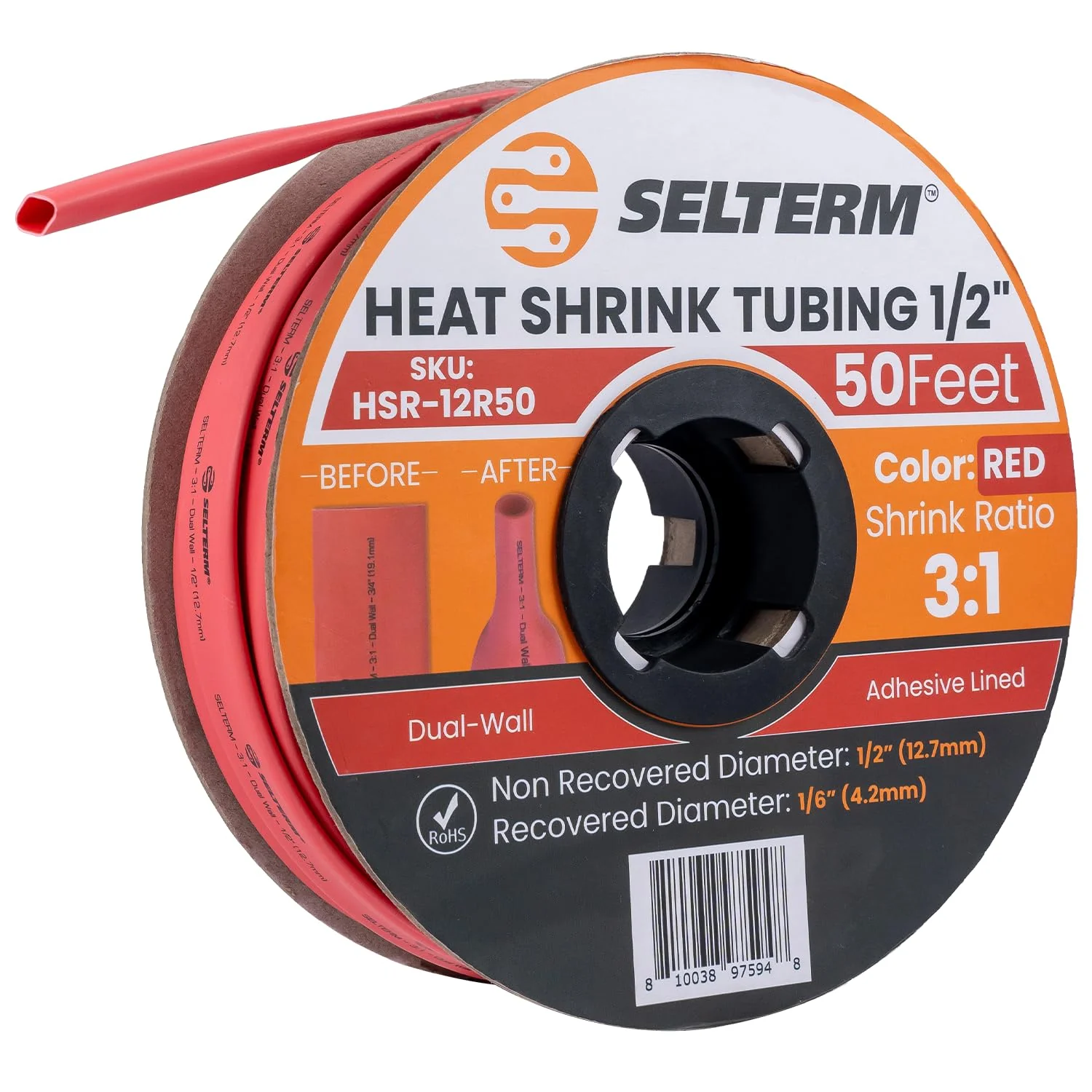 SELTERM 1/2" Red [50 Feet] Marine Grade Heat Shrink Tubing Roll, 3:1 Ratio Dual Wall Adhesive Lined Waterproof Heat Shrink Wrap Tube, for Battery Cable Lugs Wire Terminals Connectors 1/2" - 12.7MM