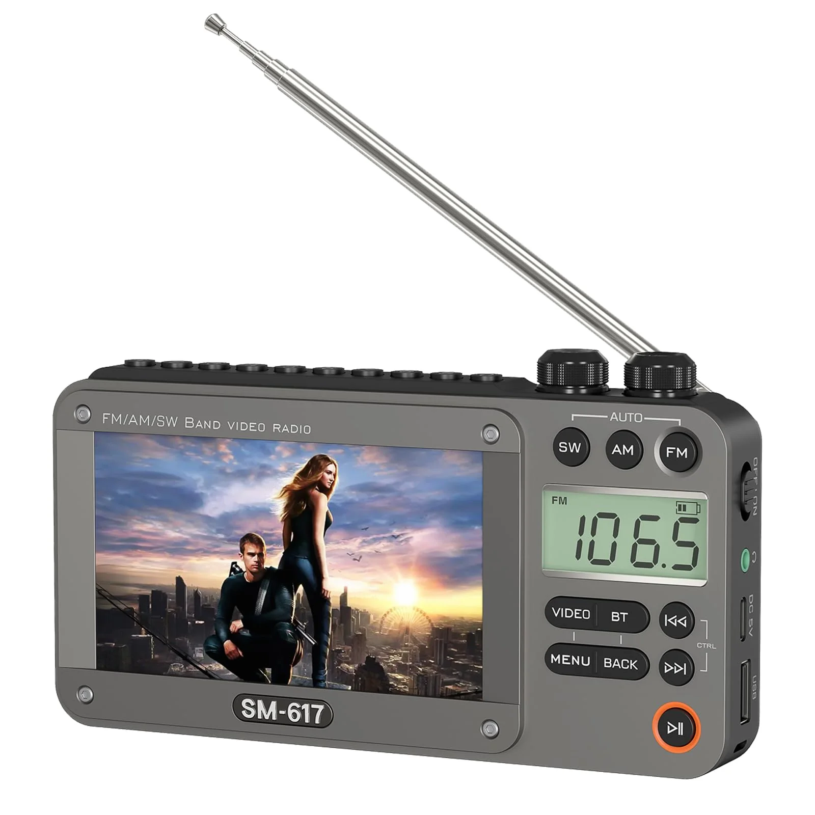 SEMIER 720p 4.3" Screen AM FM SW Movie Video Radio with Bluetooth, Rechargeable Pocket Digital Movie Video Player Radio, Support USB/Micro SD Card, 5W Loud Speak and Headphone Jack for Travel Gifts Grey