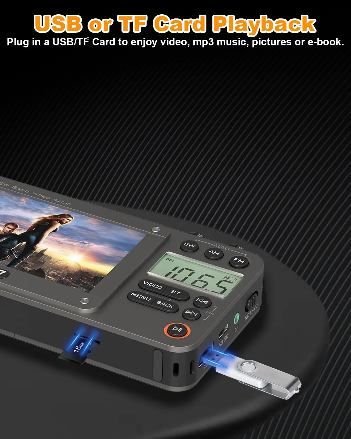 SEMIER 720p 4.3" Screen AM FM SW Movie Video Radio with Bluetooth, Rechargeable Pocket Digital Movie Video Player Radio, Support USB/Micro SD Card, 5W Loud Speak and Headphone Jack for Travel Gifts Grey - Image 9