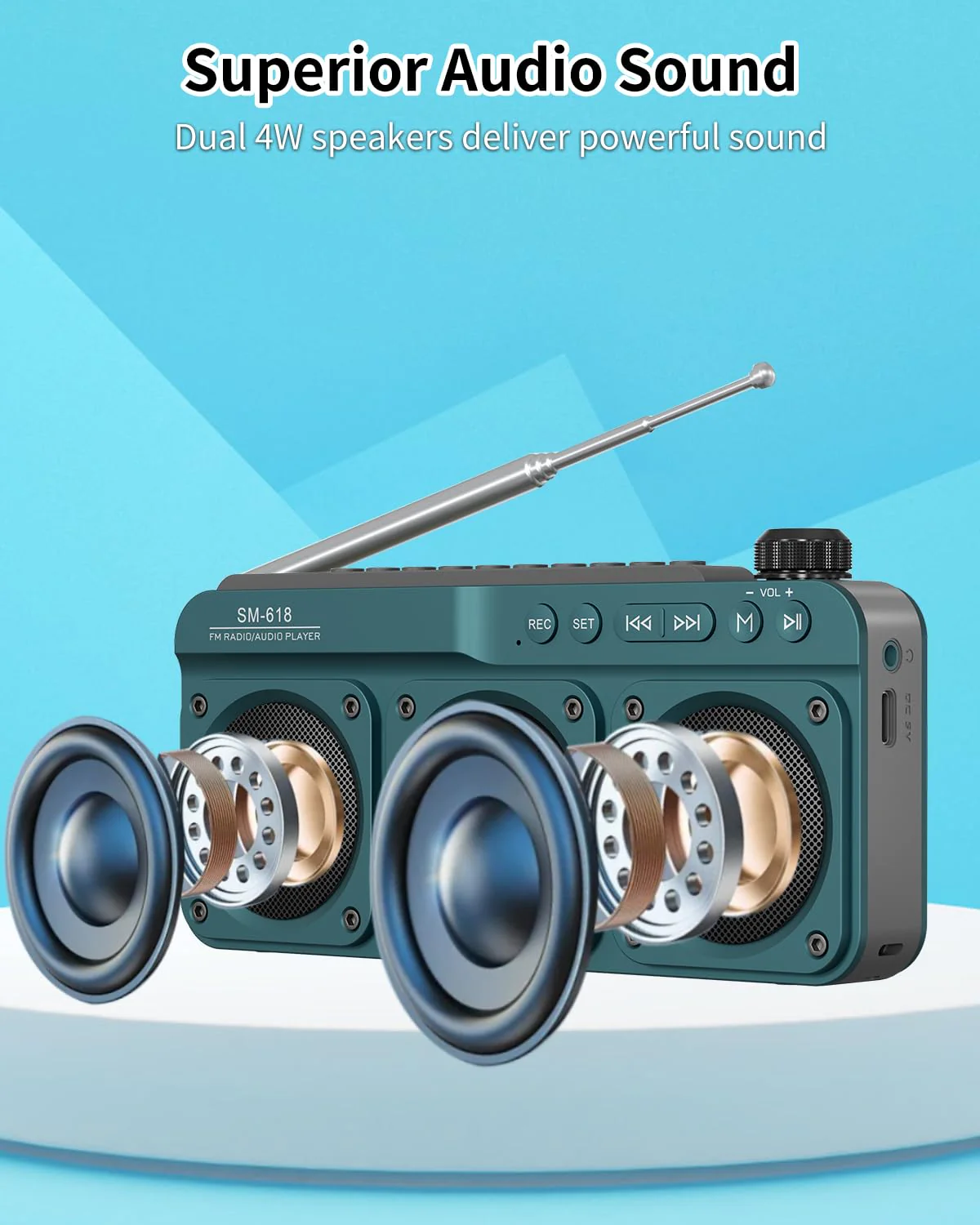 SEMIER Small Digital FM Radio Bluetooth Speaker, Handheld Rechargeable Radio Wireless Speaker, LCD Display, Double Speakers, Headphone Jack, Support USB/Micro SD Card MP3 Play for Home Outdoor (No AM) Blue - Image 5