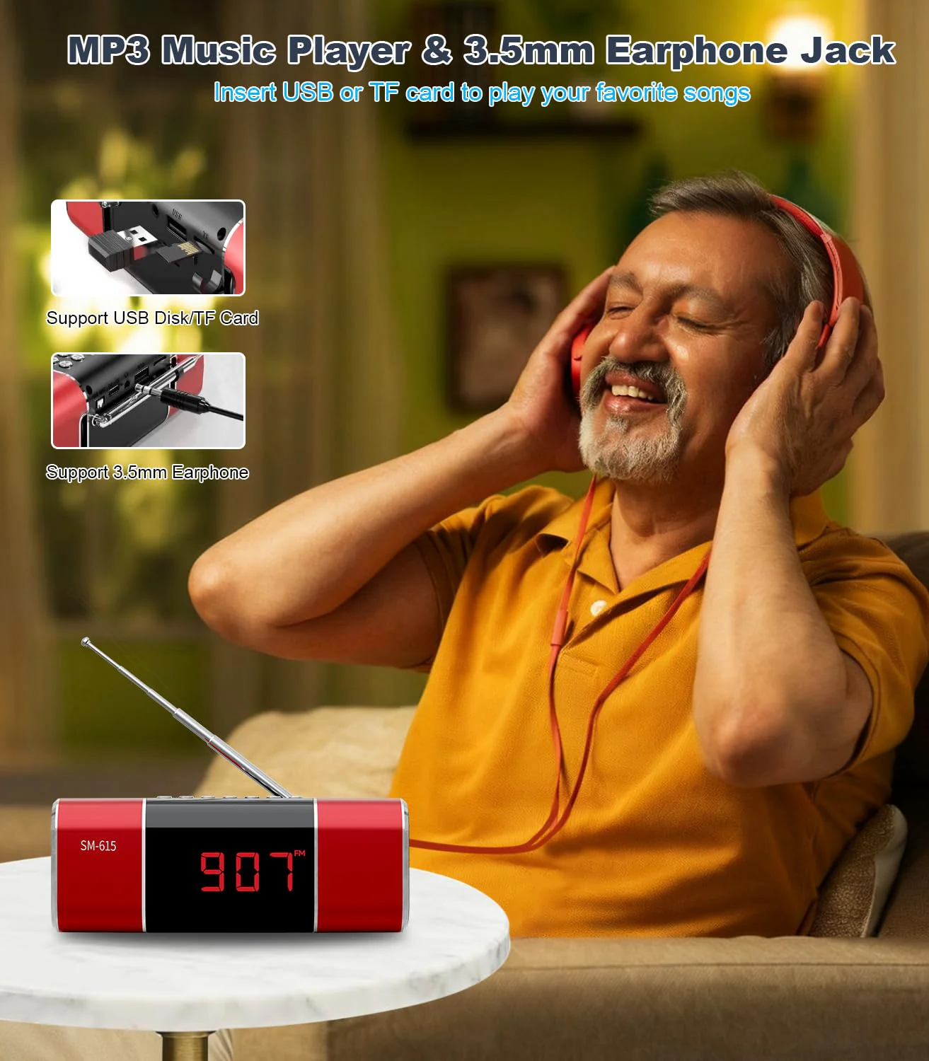 SEMIER Small Digital FM Radio with Bluetooth Speaker, Portable Rechargeable USB/SD Card MP3 Player Radio with Wireless Speaker and Headphone Jack for for Home/Outdoor Red - Image 6