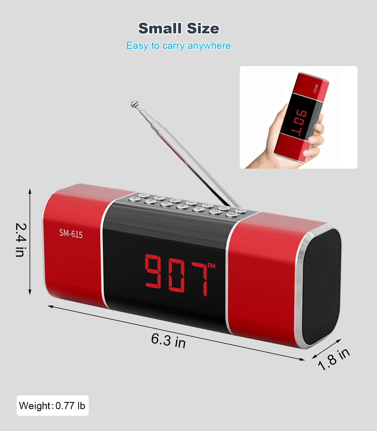 SEMIER Small Digital FM Radio with Bluetooth Speaker, Portable Rechargeable USB/SD Card MP3 Player Radio with Wireless Speaker and Headphone Jack for for Home/Outdoor Red - Image 8