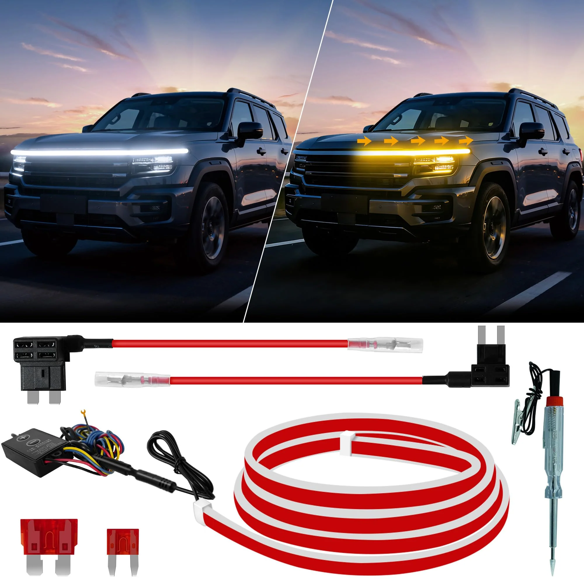 Sequential Dynamic Scan LED Hood Light Strip for Cars, Dual Color White DRL with Amber Turn Signal, Flexible Cuttable IP68 Waterproof Exterior LED Light, for Trucks SUVs Vans, 59inch 12V, 1 Set 59 inch