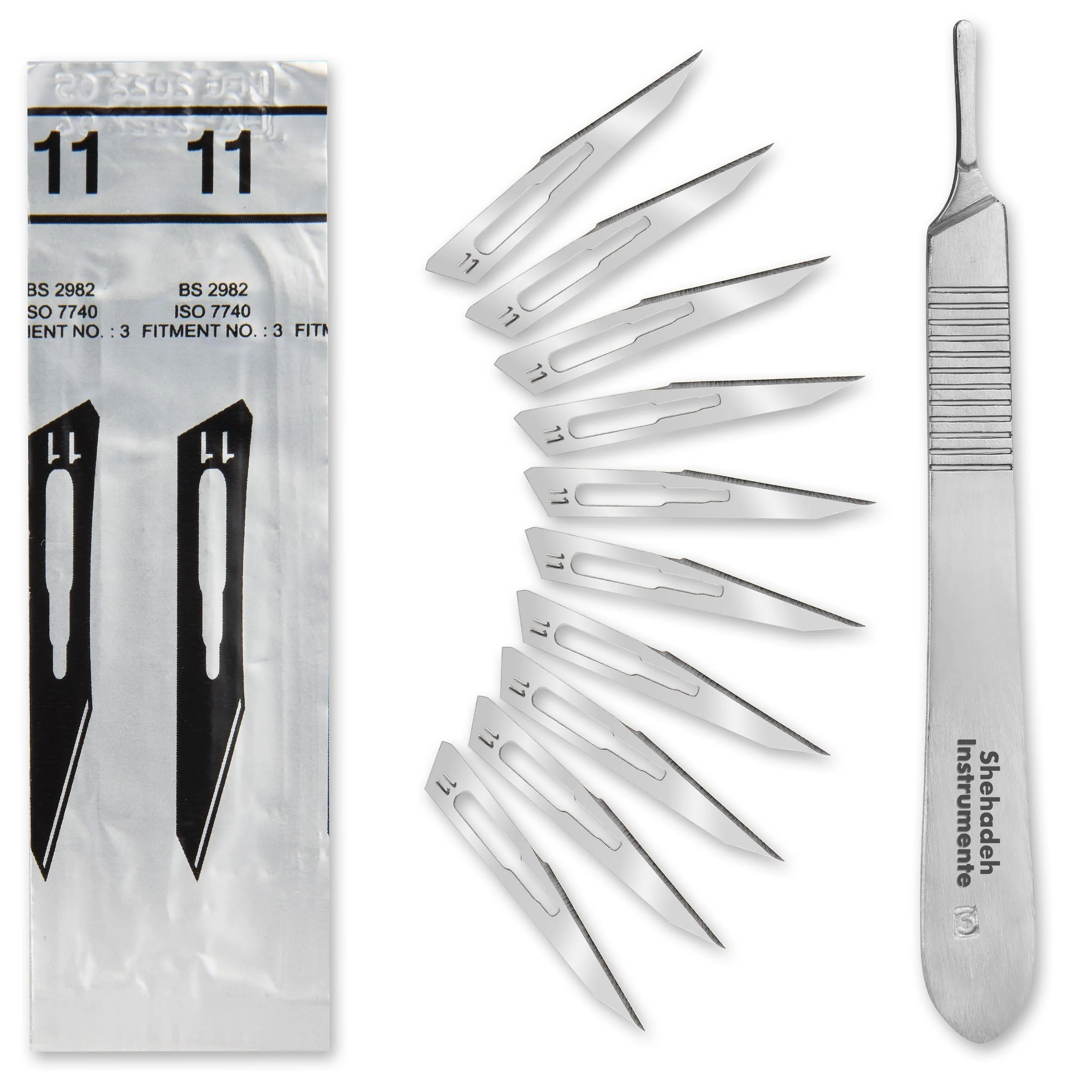 Set of 10 Sterile Scalpel Blades Figure 11 Made of Carbon Steel - Replacement Blades + 1 x Shehadeh - Scalpel Holder - Stainless Steel