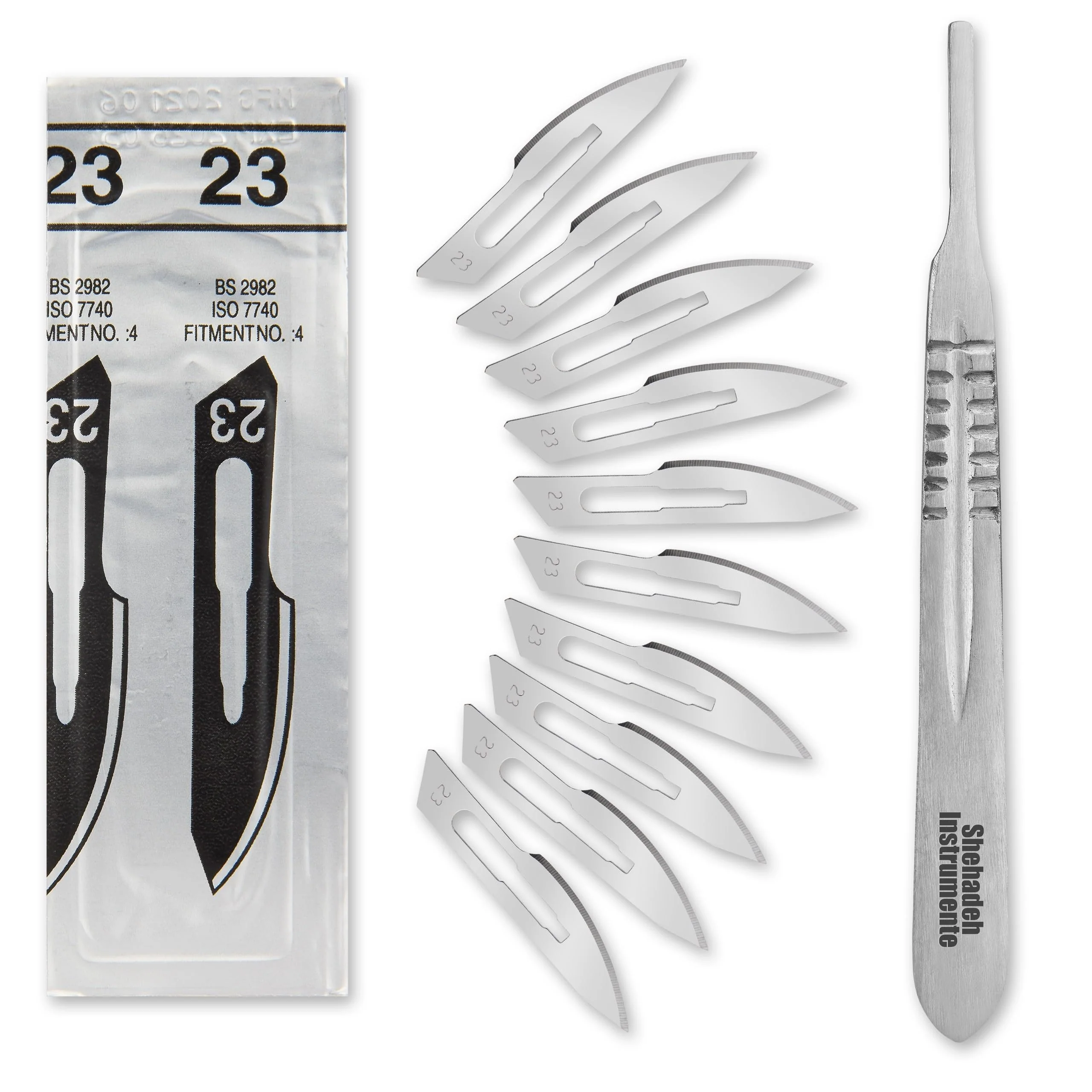 Set of 10 Sterile Scalpel Blades Figure 23 Made of Carbon Steel - Replacement Blades + 1 x Shehadeh - Scalpel Holder - Stainless Steel