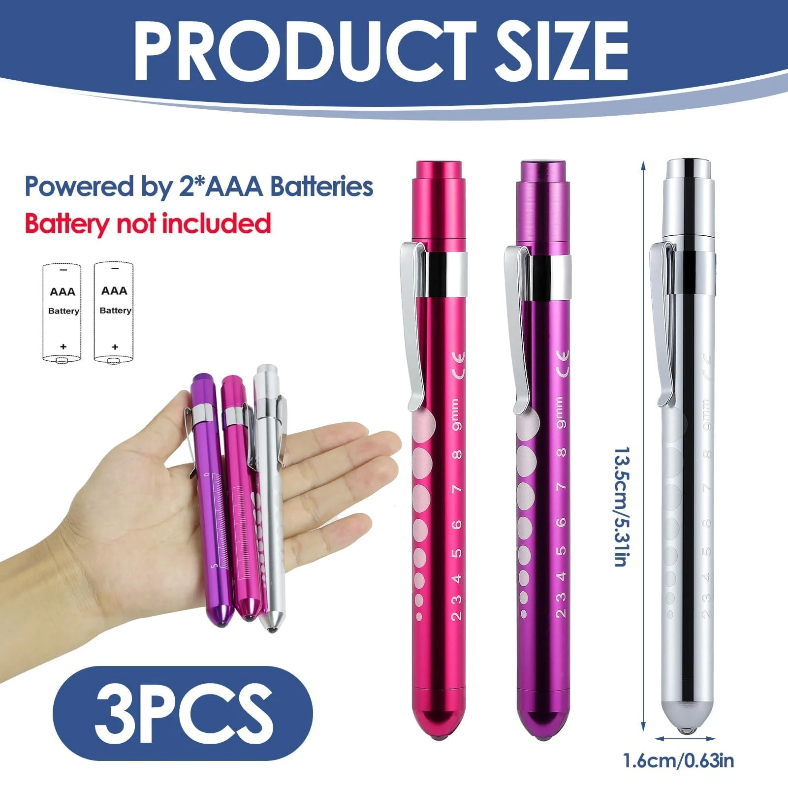 Set of 3 Pupil Light in Purple, Pink, Silver, LED Torch Eye Light, Portable Light Pen with Pocket Clip, Ruler, Pupil Meter, Pupil Light, Care Accessories - Image 2