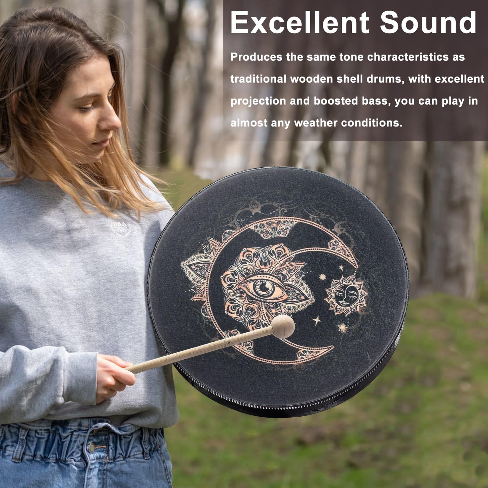Shaman Drum 10 Inch Wood Frame Drum with Drum Stick Vegetarian Shaman Hand Drum Sound Healing Tool For Spiritual Music, Reflection(Black) - Image 4
