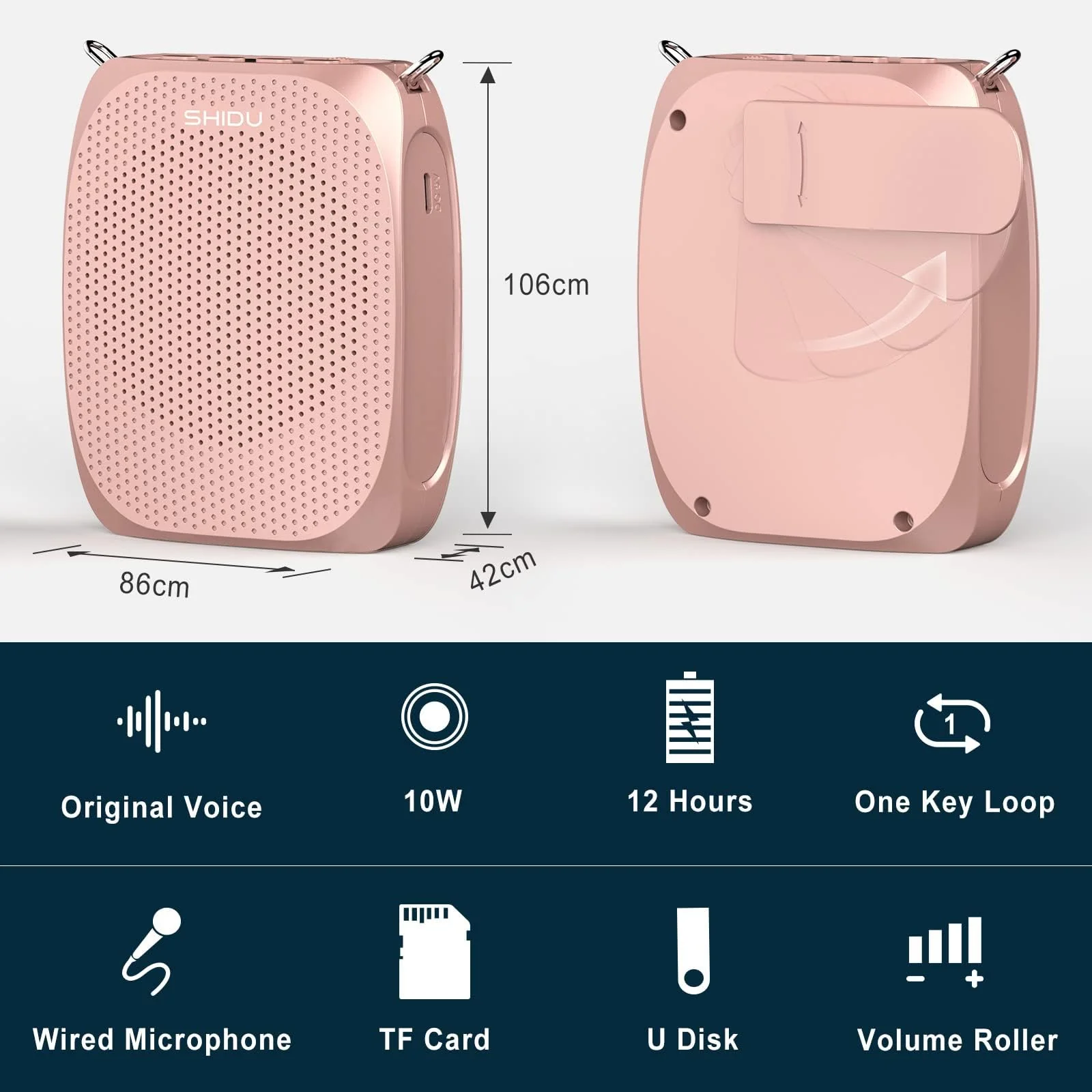 SHIDU Voice Amplifier Teachers,Megaphone Speaker Portable PA System with Microphone Headset(Work of 12hours) Supports MP3 Format Audio for Tour Guides Coaches Yoga Fitness Instructors Rose-Gold - Image 7