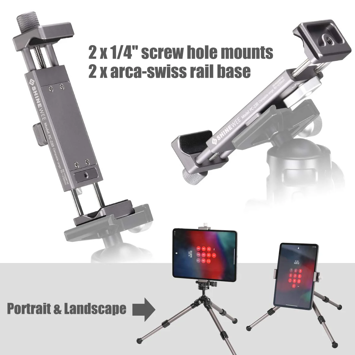 SHINEWEE Full Metal Tablet Tripod Holder - Compatible with iPad mini/Air/Pro | 1/4" Screw & Arca-Swiss Dovetail Mounts | Universal Tablet Clamp Adapter - Image 4