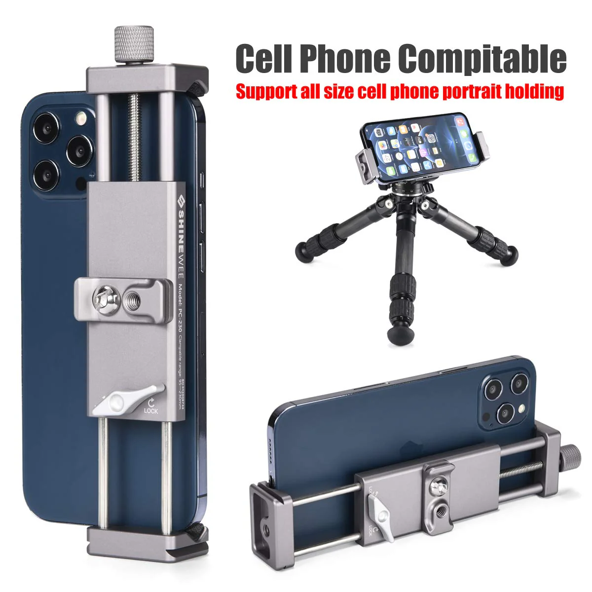 SHINEWEE Full Metal Tablet Tripod Holder - Compatible with iPad mini/Air/Pro | 1/4" Screw & Arca-Swiss Dovetail Mounts | Universal Tablet Clamp Adapter - Image 5