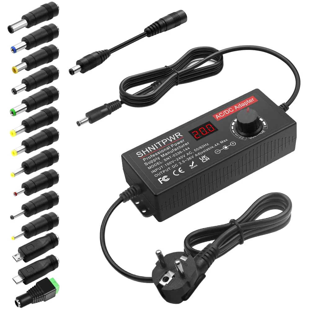 SHNITPWR Adjustable Power Supply 3.5-36V 4A 144W Universal Power Supply Adapter DC 36V 34V 31V 29V 26V 24V 20V 19V 14V 12V 9V 6V 3.5V with 14 Tips & Polarity Cable for Household Electronics LED Strip