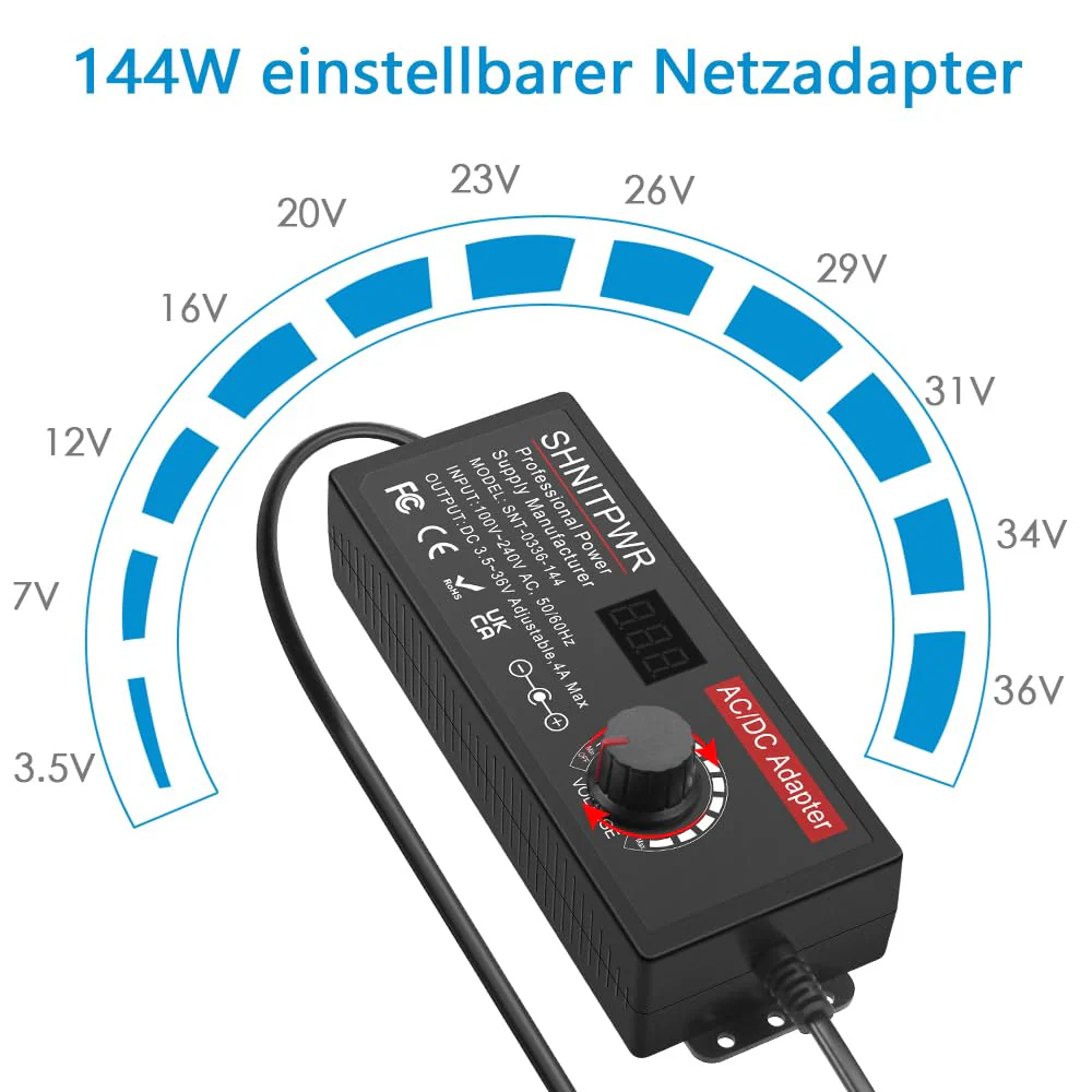 SHNITPWR Adjustable Power Supply 3.5-36V 4A 144W Universal Power Supply Adapter DC 36V 34V 31V 29V 26V 24V 20V 19V 14V 12V 9V 6V 3.5V with 14 Tips & Polarity Cable for Household Electronics LED Strip - Image 2