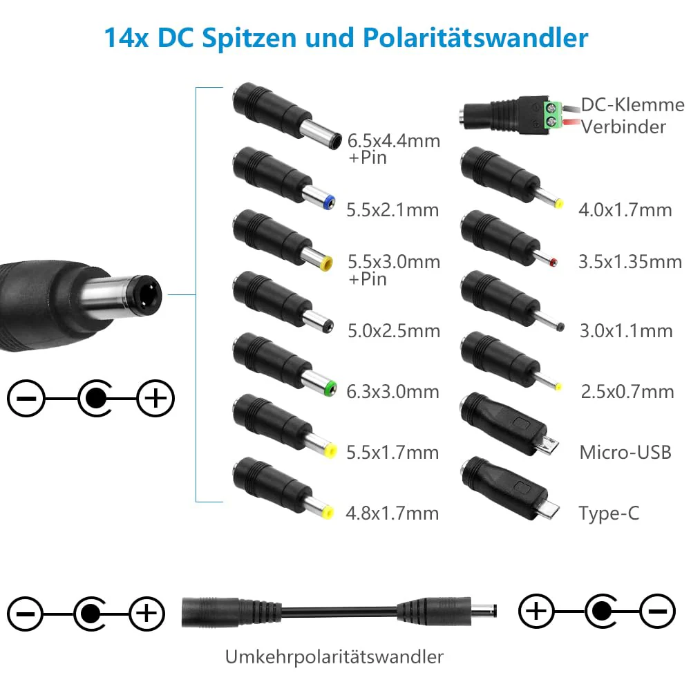 SHNITPWR Adjustable Power Supply 3.5-36V 4A 144W Universal Power Supply Adapter DC 36V 34V 31V 29V 26V 24V 20V 19V 14V 12V 9V 6V 3.5V with 14 Tips & Polarity Cable for Household Electronics LED Strip - Image 4