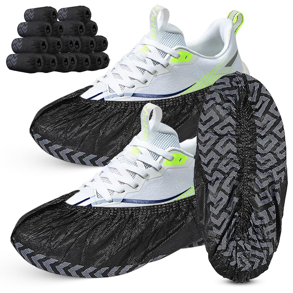 Shoe Covers Black Non-Woven Fabric 100 x Disposable Shoe Covers, Non-Slip Overshoes with Tread Pattern, Durable Shoe Covers, Tear-Resistant & Waterproof for Indoor and Outdoor Use (17 x 45 cm)