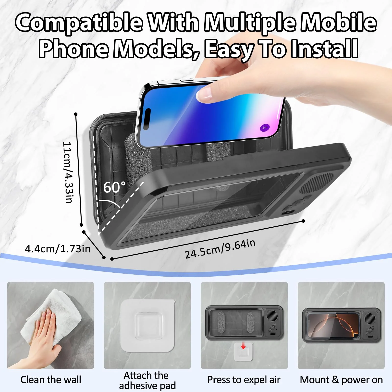 Shower Phone Holder with Wireless Bluetooth Speaker,2026 New Waterproof 480 Rotation Viewable Shower Phone Case Speaker for Any Phone, Wall Mounted Phoneholder Stand for Bathroom Mirror (Black) Black - Image 3
