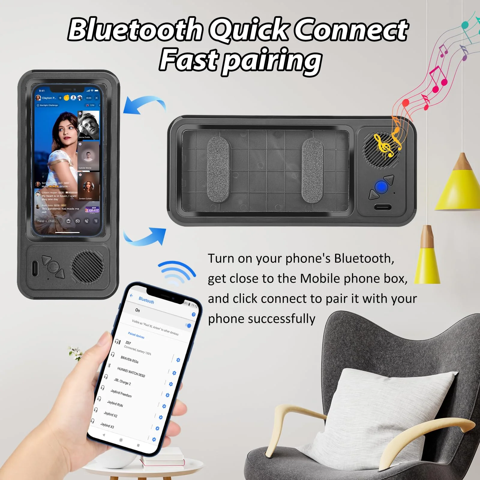 Shower Phone Holder with Wireless Bluetooth Speaker,2026 New Waterproof 480 Rotation Viewable Shower Phone Case Speaker for Any Phone, Wall Mounted Phoneholder Stand for Bathroom Mirror (Black) Black - Image 4