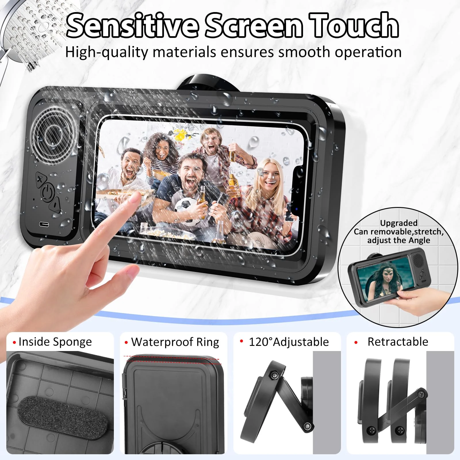 Shower Phone Holder with Wireless Bluetooth Speaker,2026 New Waterproof 480 Rotation Viewable Shower Phone Case Speaker for Any Phone, Wall Mounted Phoneholder Stand for Bathroom Mirror (Black) Black - Image 5