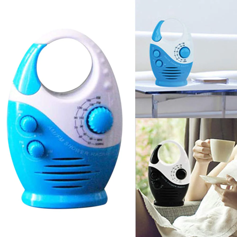 Shower Radio, 3V 0.5W Adjustable Volume Shower AM FM Button Speaker Portable Waterproof Speaker Bathroom Shower Speakers Wireless Radio with Top Handle (White and Blue) White and Blue - Image 3