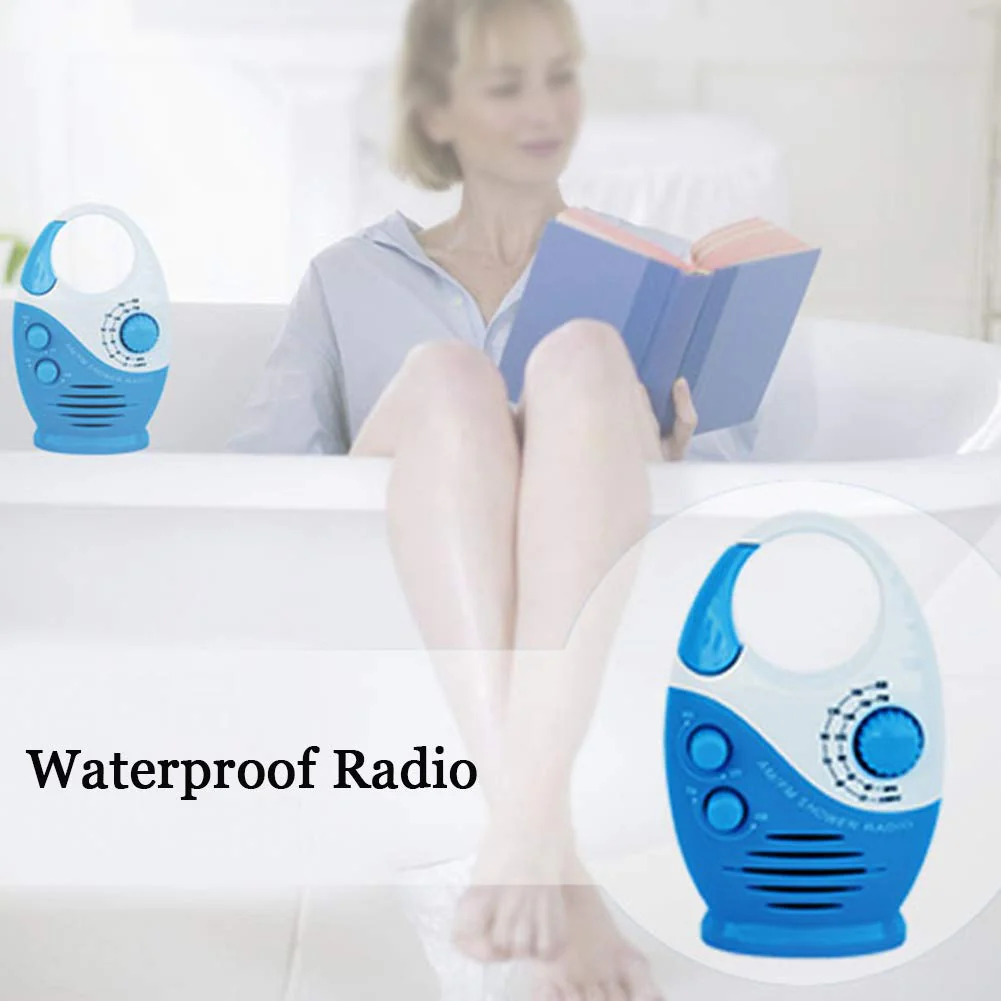 Shower Radio, 3V 0.5W Adjustable Volume Shower AM FM Button Speaker Portable Waterproof Speaker Bathroom Shower Speakers Wireless Radio with Top Handle (White and Blue) White and Blue - Image 5
