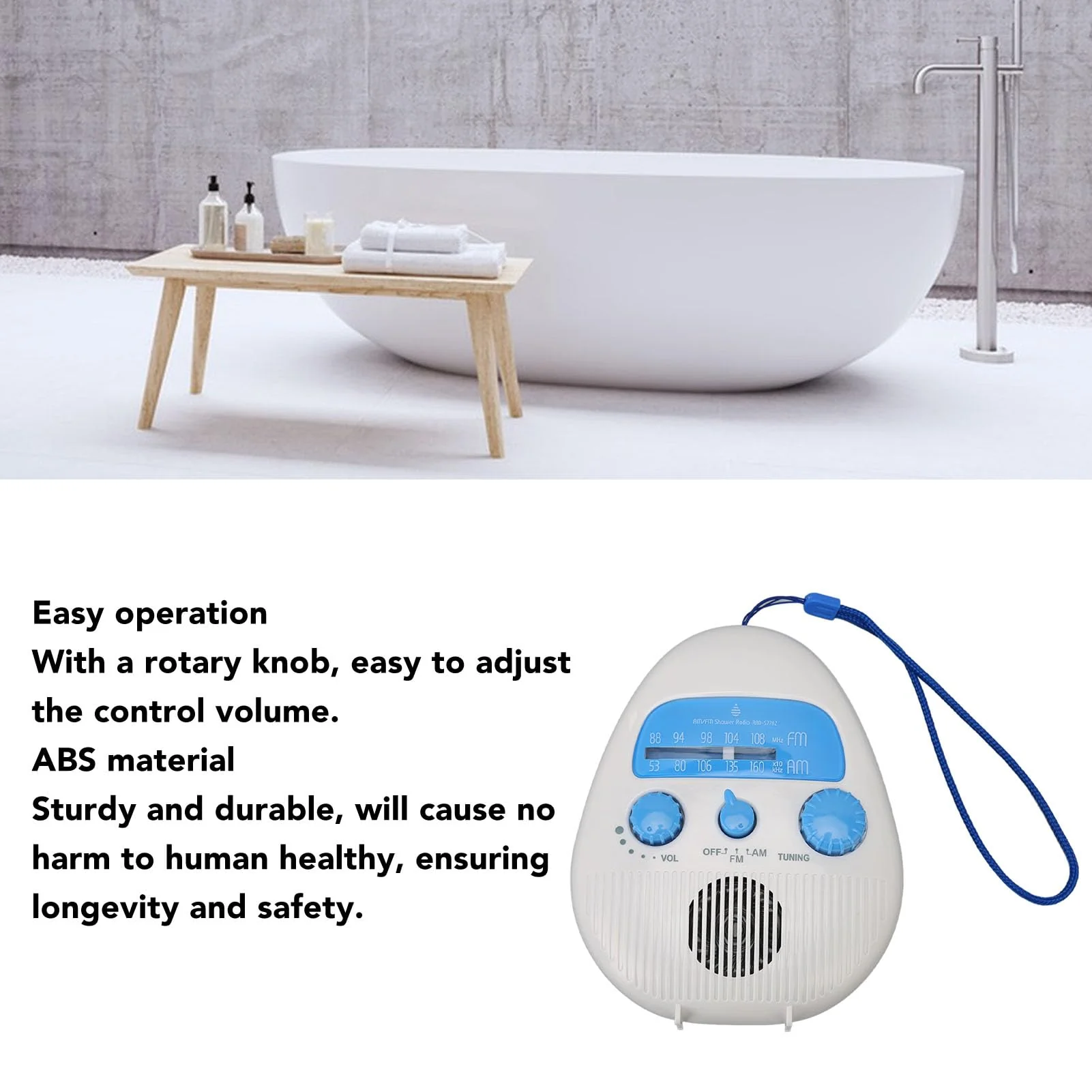 Shower Radio, Waterproof Bathroom Radio AM FM Radio with Built in Speaker, Portable Battery Operated Radio for Home Outdoor Travel - Image 3