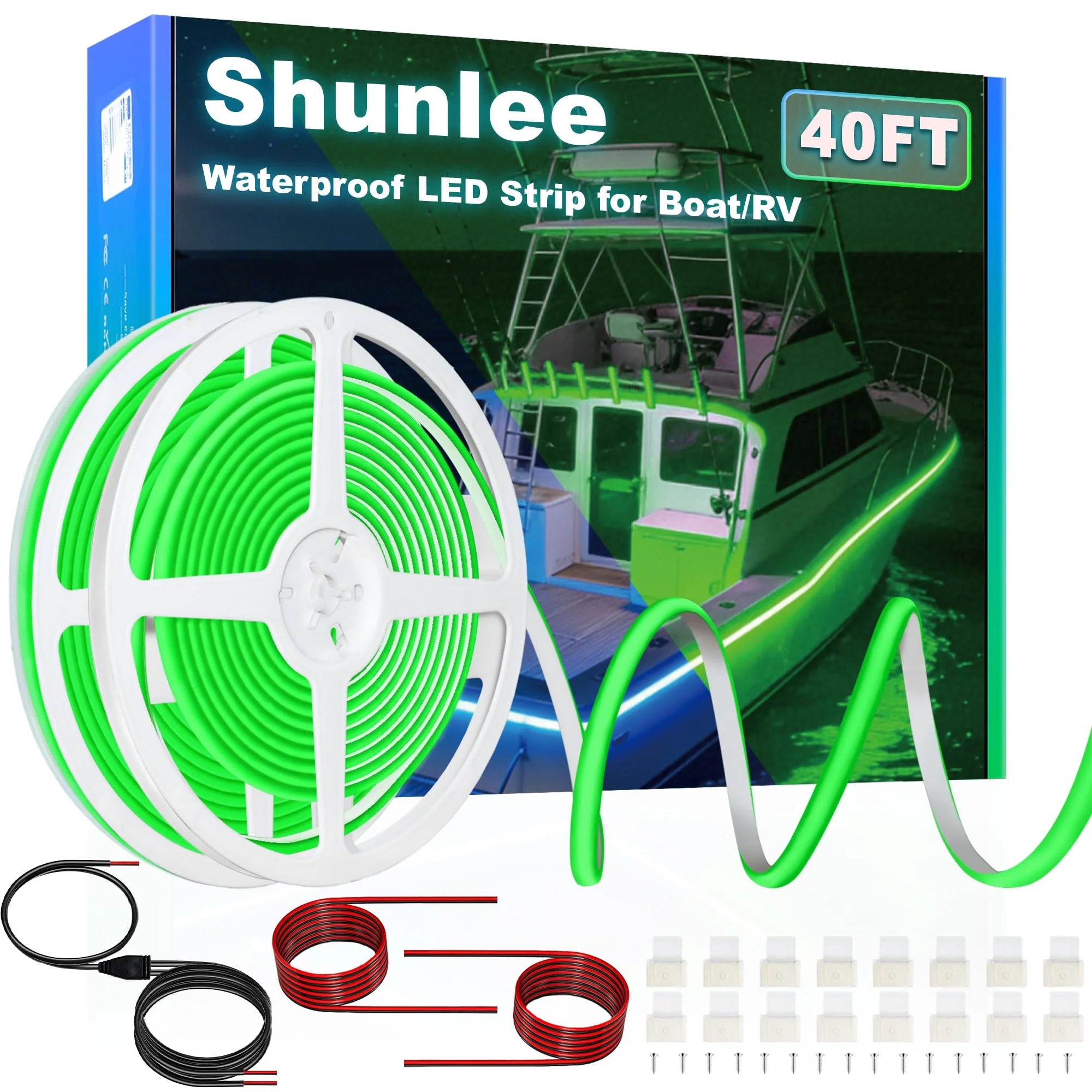 SHUNLEE Led Boat Lights Green 40FT, IP67 COB Waterproof Marine Pontoon Led Lights, Boat Interior Strip Lights for Pontoon, Deck, Night Fishing, Kayak, RV, Bass (40FT-Green) 40FT-Green