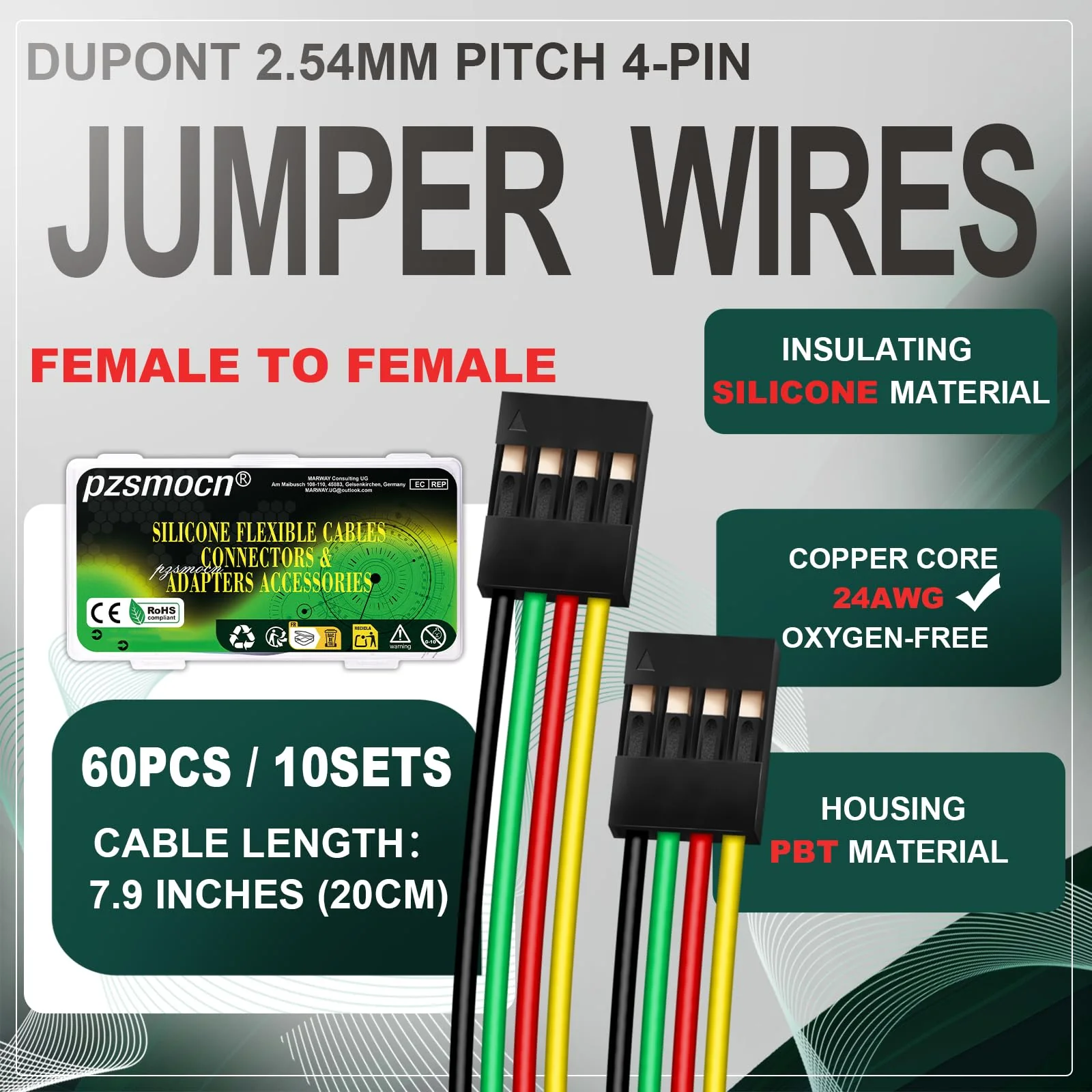 Silicone Flexible Jumper Wires Breadboard 24AWG 20cm Long 10 Sets / 60 Pcs for Dupont 2.54 mm Pitch Connector 4-Pin Black Female-Female Header Solderless Electronic Adapter Ribbon Cable Female to Female - Image 2