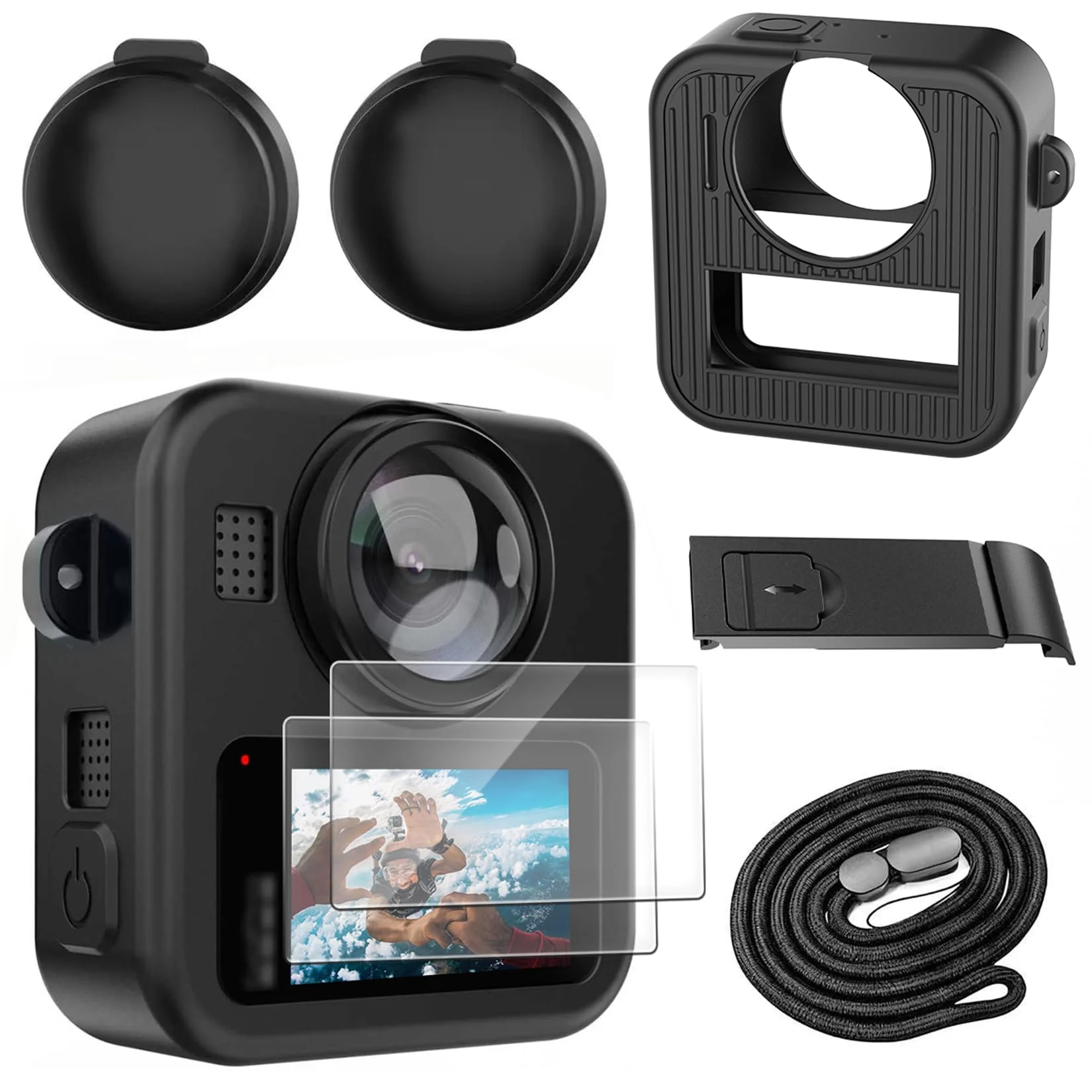 Silicone Protective Case for GoPro Max 2 with Open-Vent Design & Protective Accessories Kit - Includes 9H Tempered Glass Screen Protector, Lens Cap, Battery Cover & Adjustable Lanyard (Black)