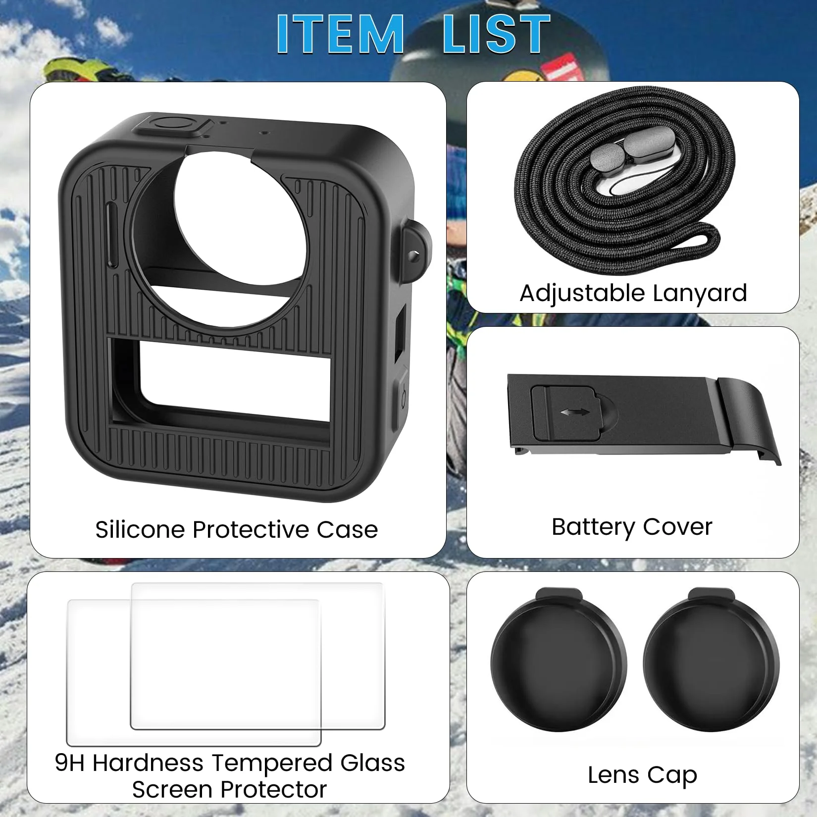 Silicone Protective Case for GoPro Max 2 with Open-Vent Design & Protective Accessories Kit - Includes 9H Tempered Glass Screen Protector, Lens Cap, Battery Cover & Adjustable Lanyard (Black) - Image 6